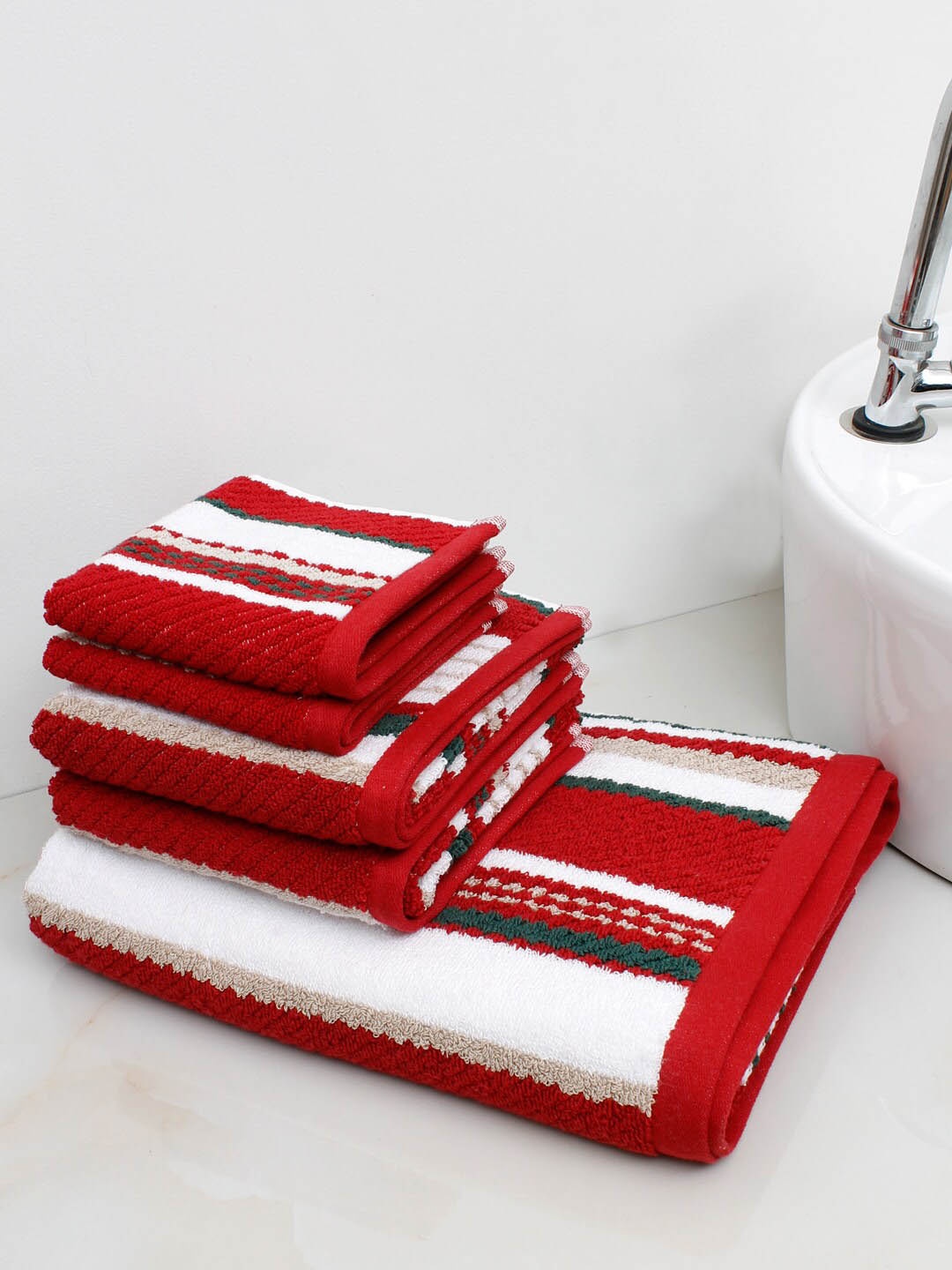 

AVI Living 5-Pcs Red & Green Textured Pure Cotton 500 GSM Towel Set