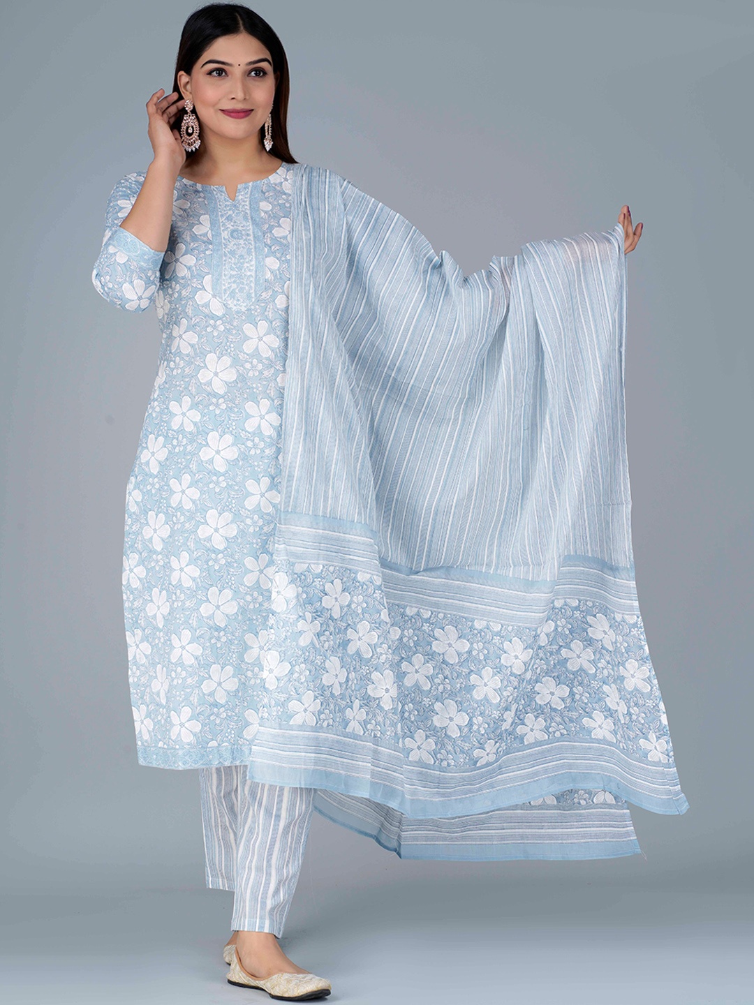 

KALINI Floral Printed Pure Cotton Kurta with Pyjamas & Dupatta, Blue