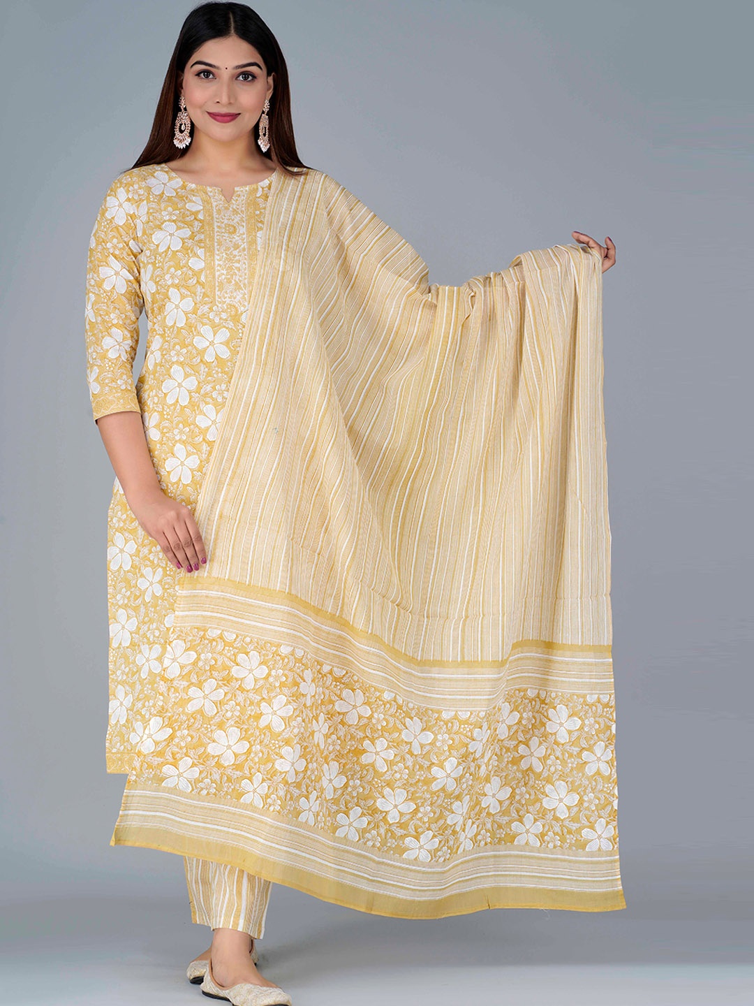 

KALINI Women Floral Printed Pure Cotton Kurta with Trousers & Dupatta, Mustard