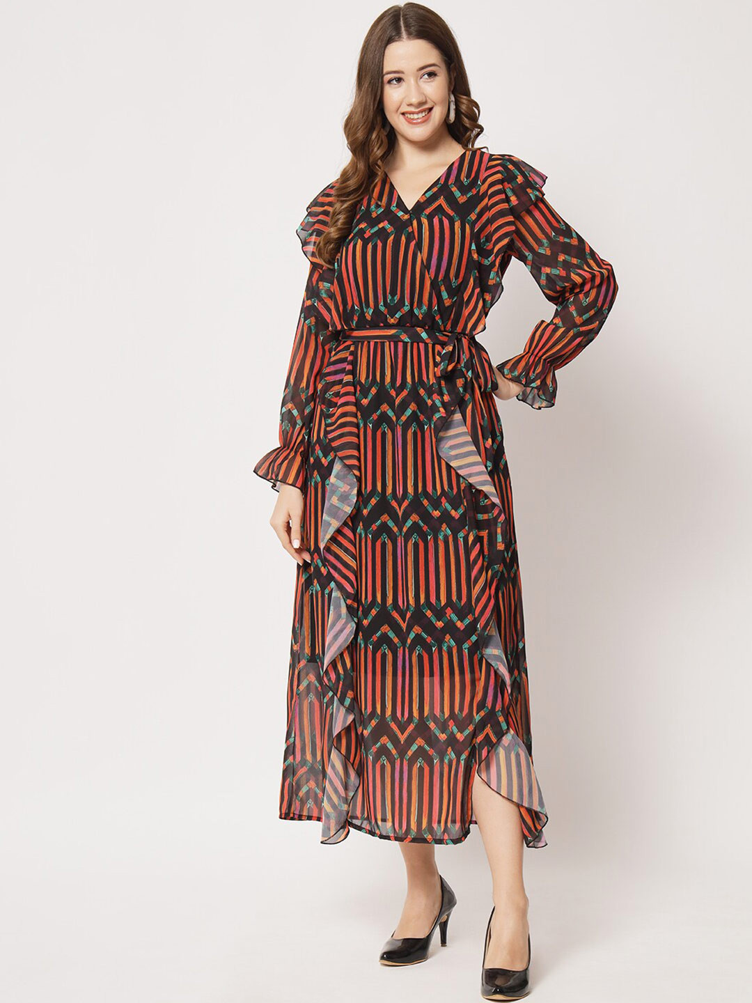 

HERE&NOW Printed Georgette Midi Wrap Dress, Black