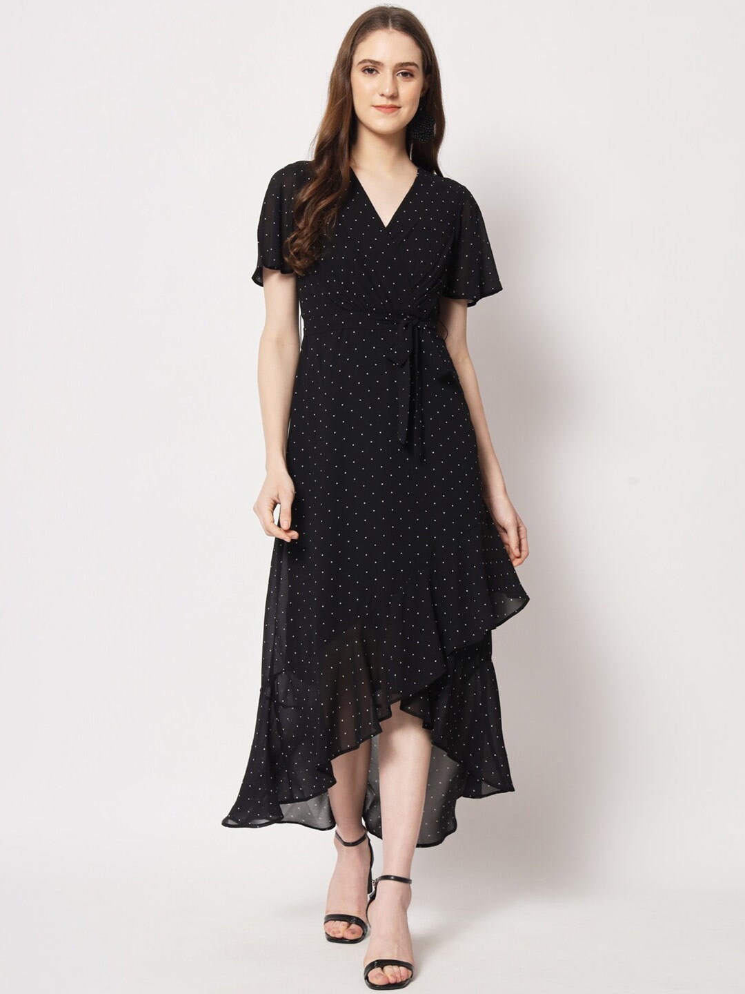 

HERE&NOW Polka Dots Printed V-Neck A-Line Dress, Black