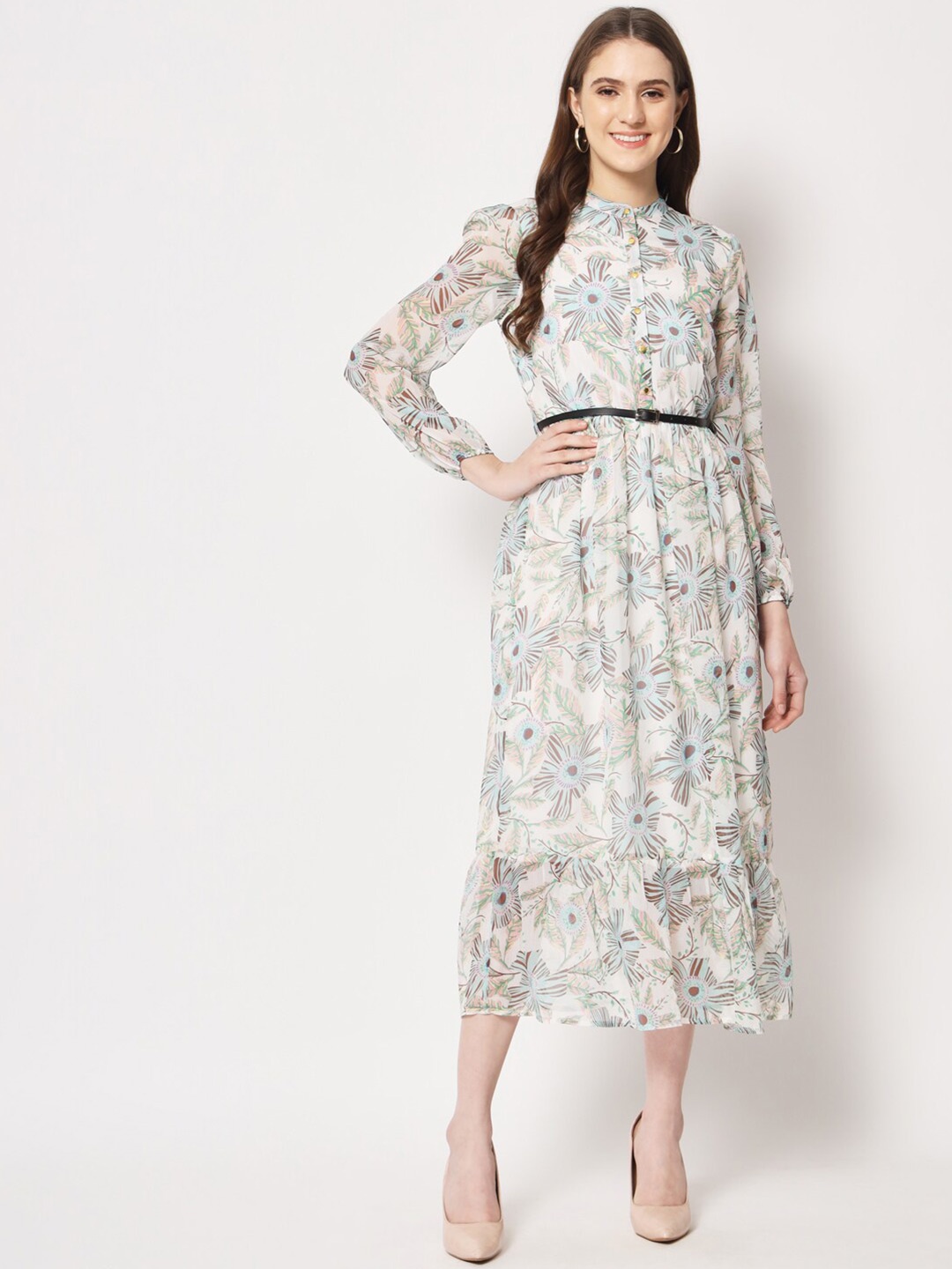 

HERE&NOW Floral Printed Chiffon A-Line Midi Dress, Multi