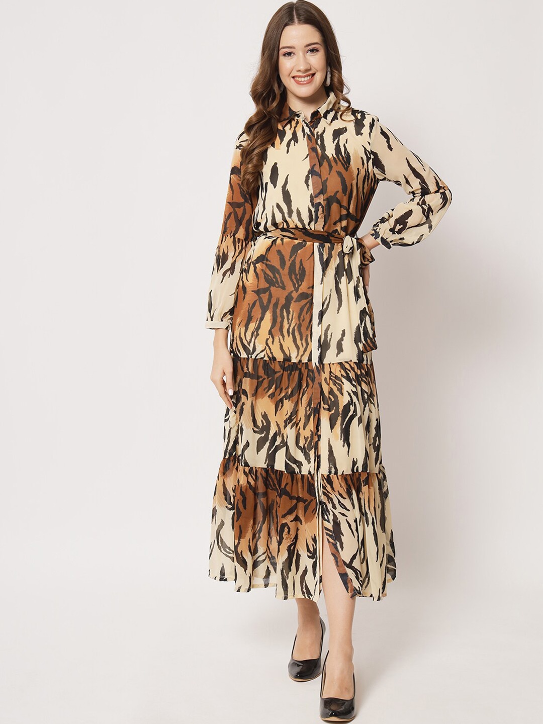 

HERE&NOW Animal Printed Georgette Layered Fit And Flare Midi Dress, Orange