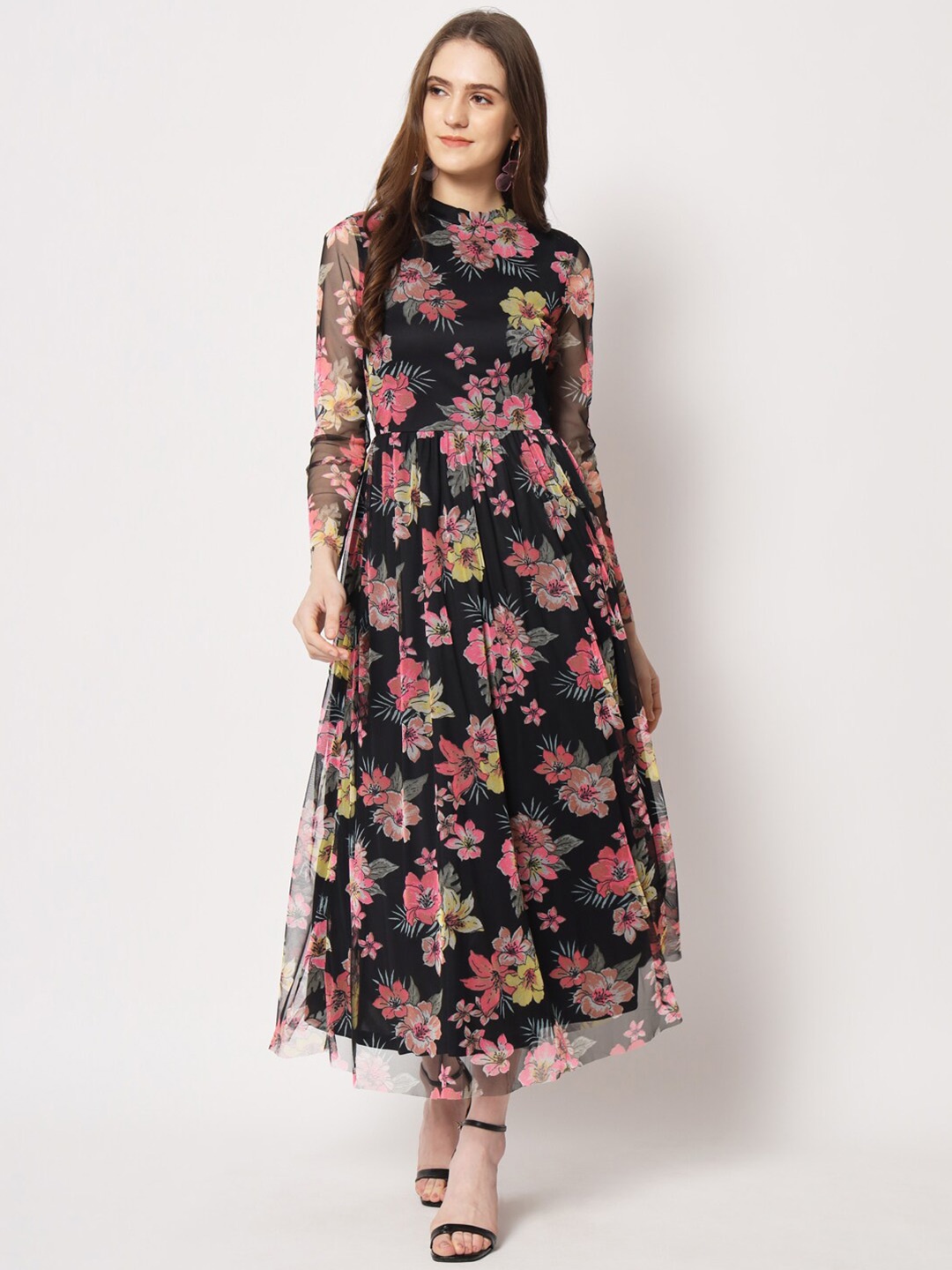 

HERE&NOW Floral Printed Net Fit And Flare Dress, Black