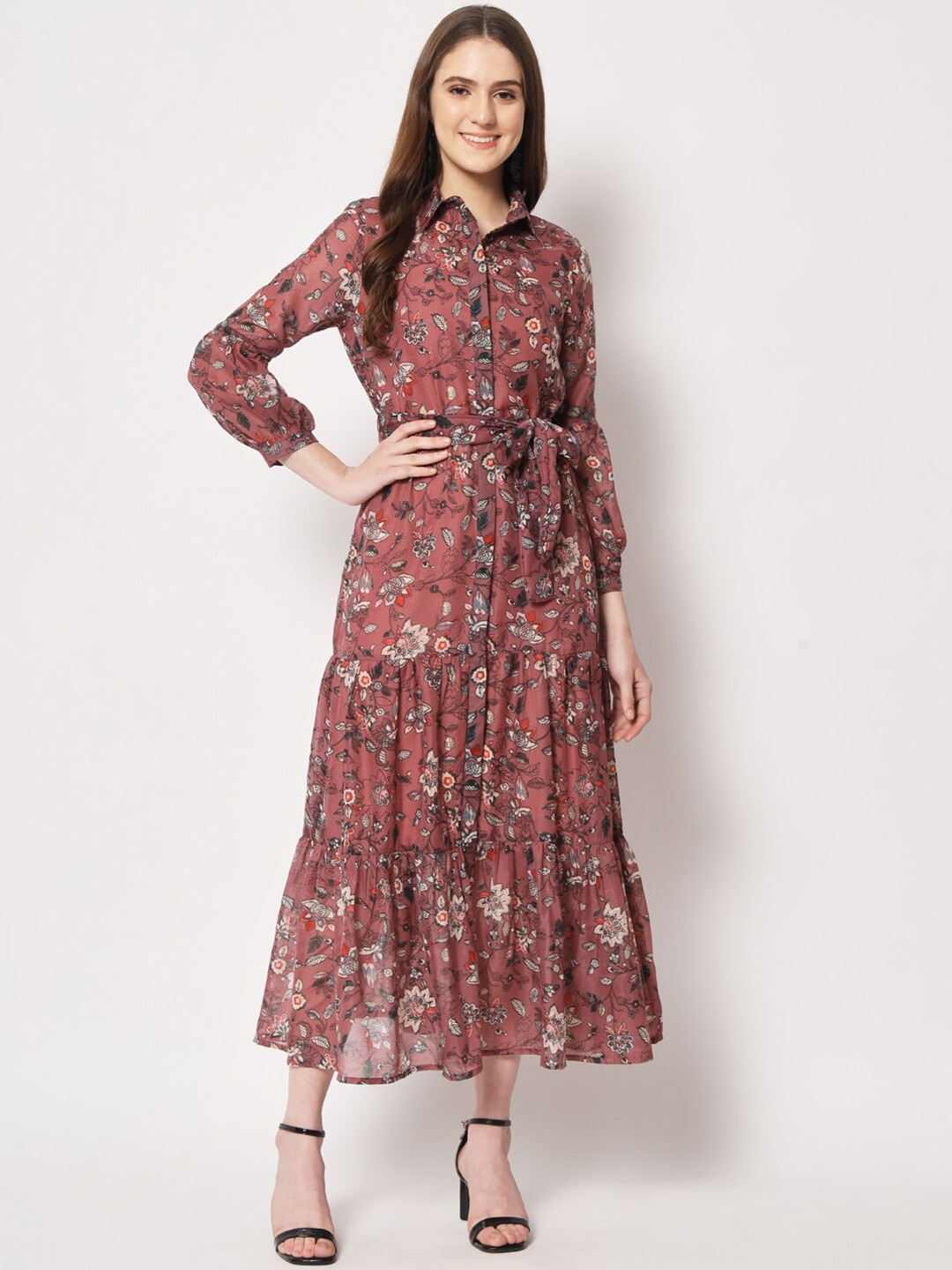 

HERE&NOW Floral Printed Tie-Ups Maxi Fit And Flare Dress, Maroon