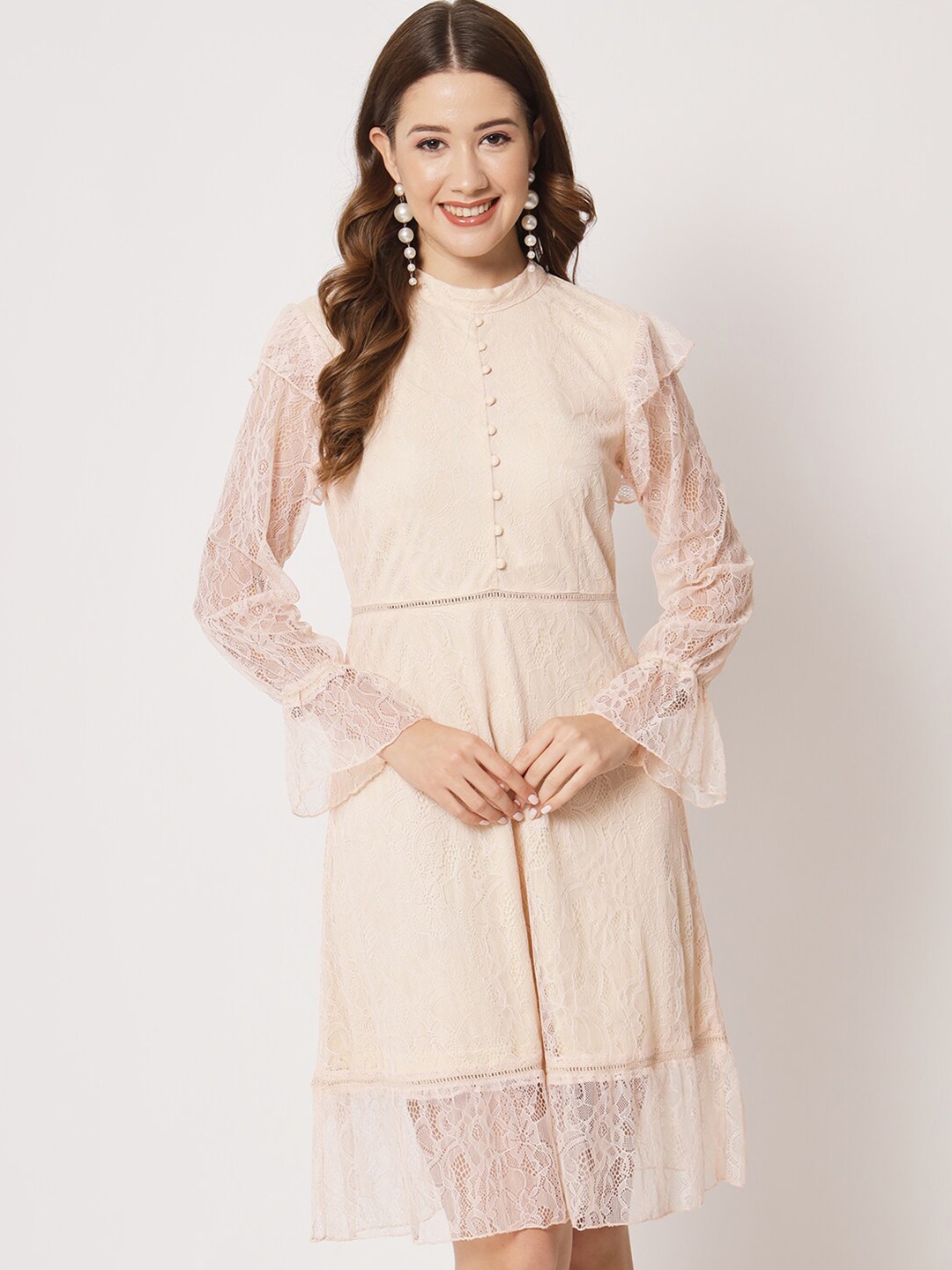 

HERE&NOW Self Design High Neck Long Sleeves Lace A-Line Dress, Beige