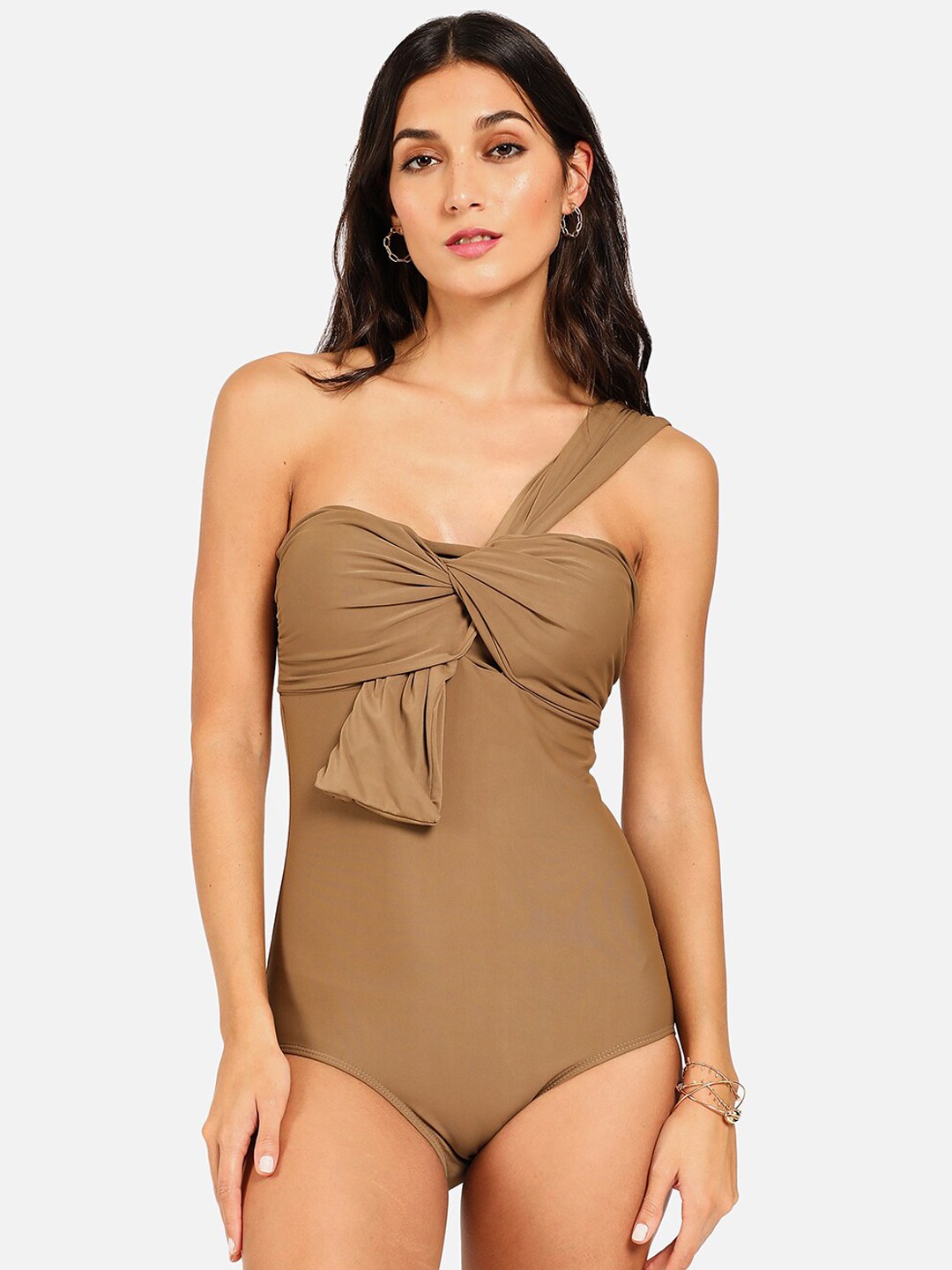

HAUTE SAUCE by Campus Sutra Women One Shoulder Bodysuit, Khaki