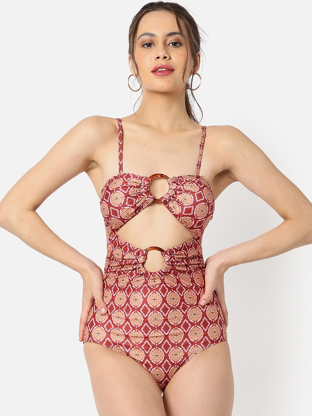 

HAUTE SAUCE by Campus Sutra Women Printed Cut-Out Swimsuit, Red