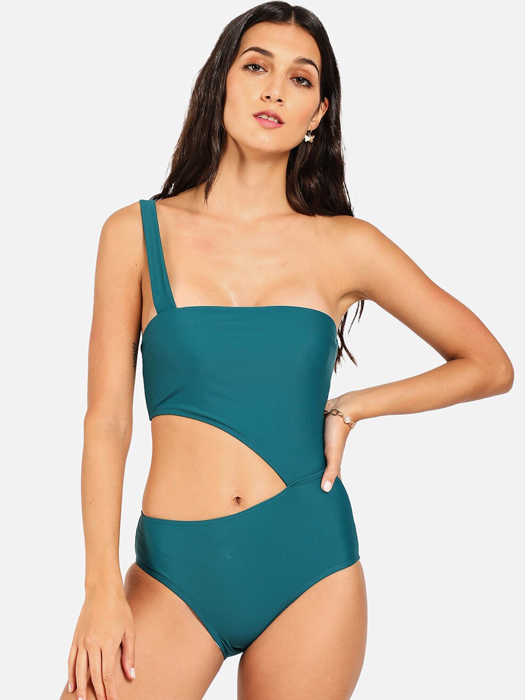 

HAUTE SAUCE by Campus Sutra Women Cut-Out One-Piece Swimsuit, Green