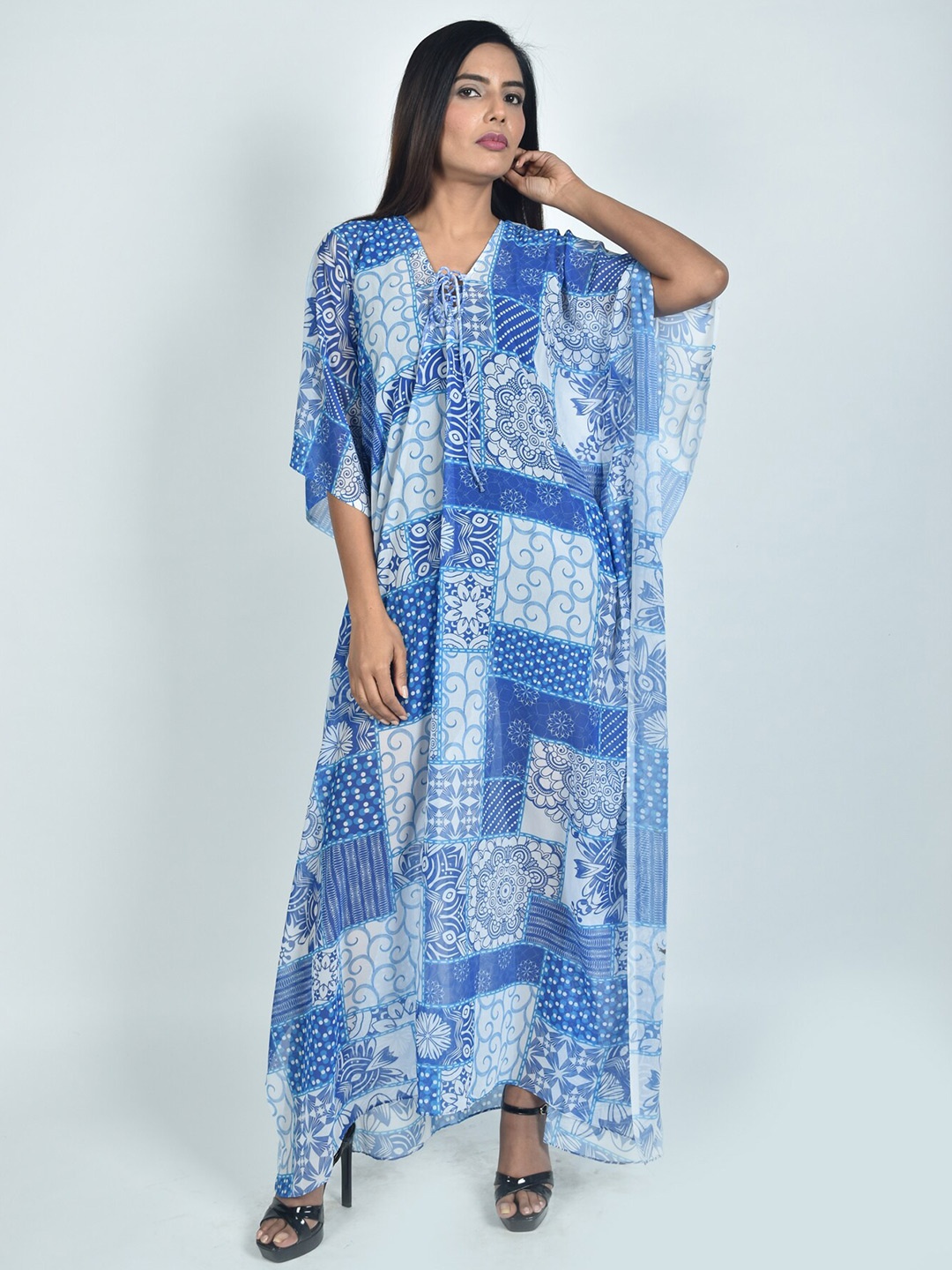 Rajoria Instyle Geometric Printed Georgette Kaftan Dress, White