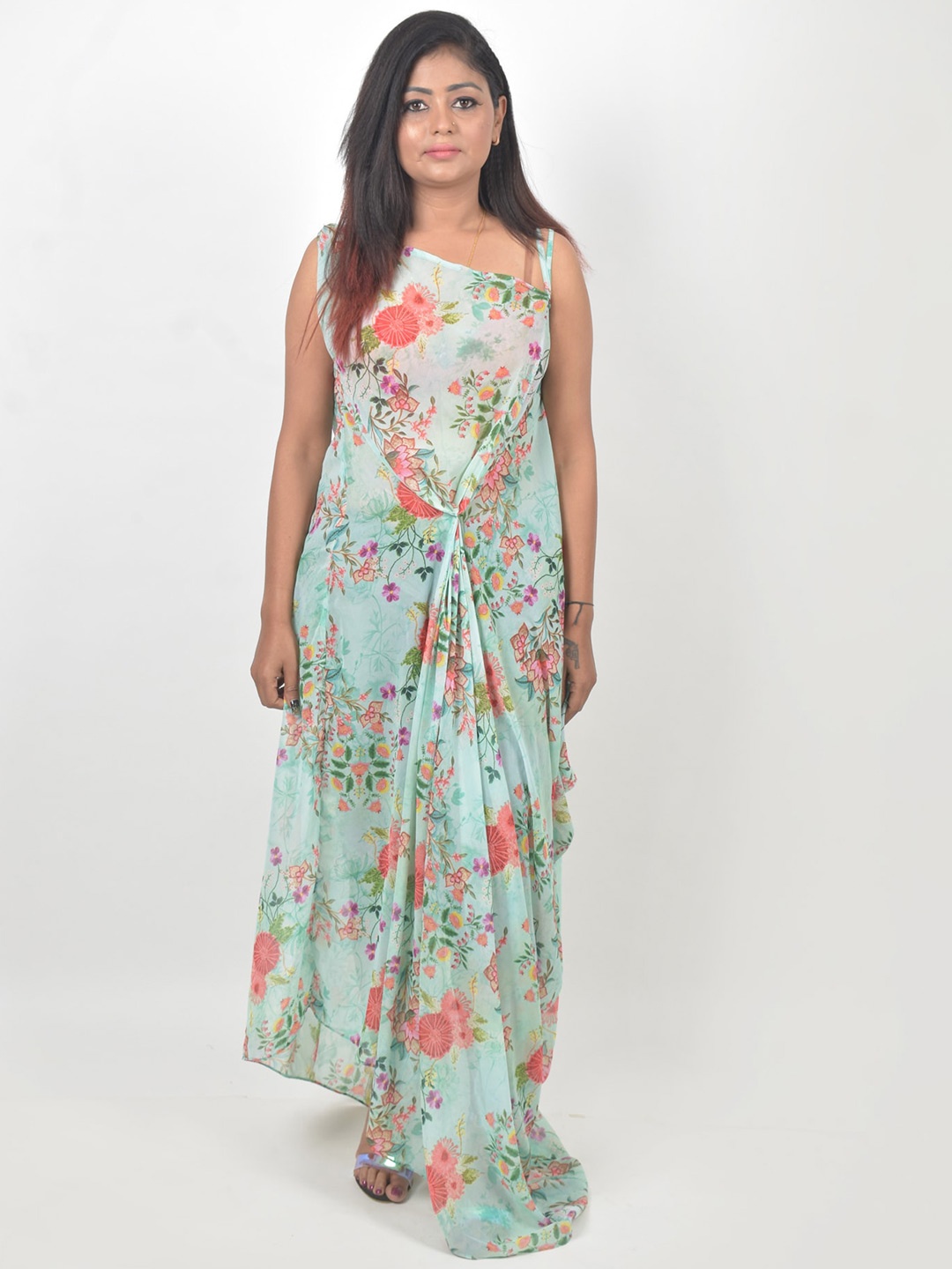

Rajoria Instyle Floral Printed Georgette Beach Coverup Maxi Dress, Sea green
