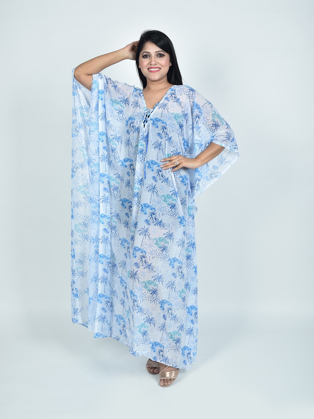 Rajoria Instyle Floral Printed Georgette Kaftan Maxi Dress, Off white