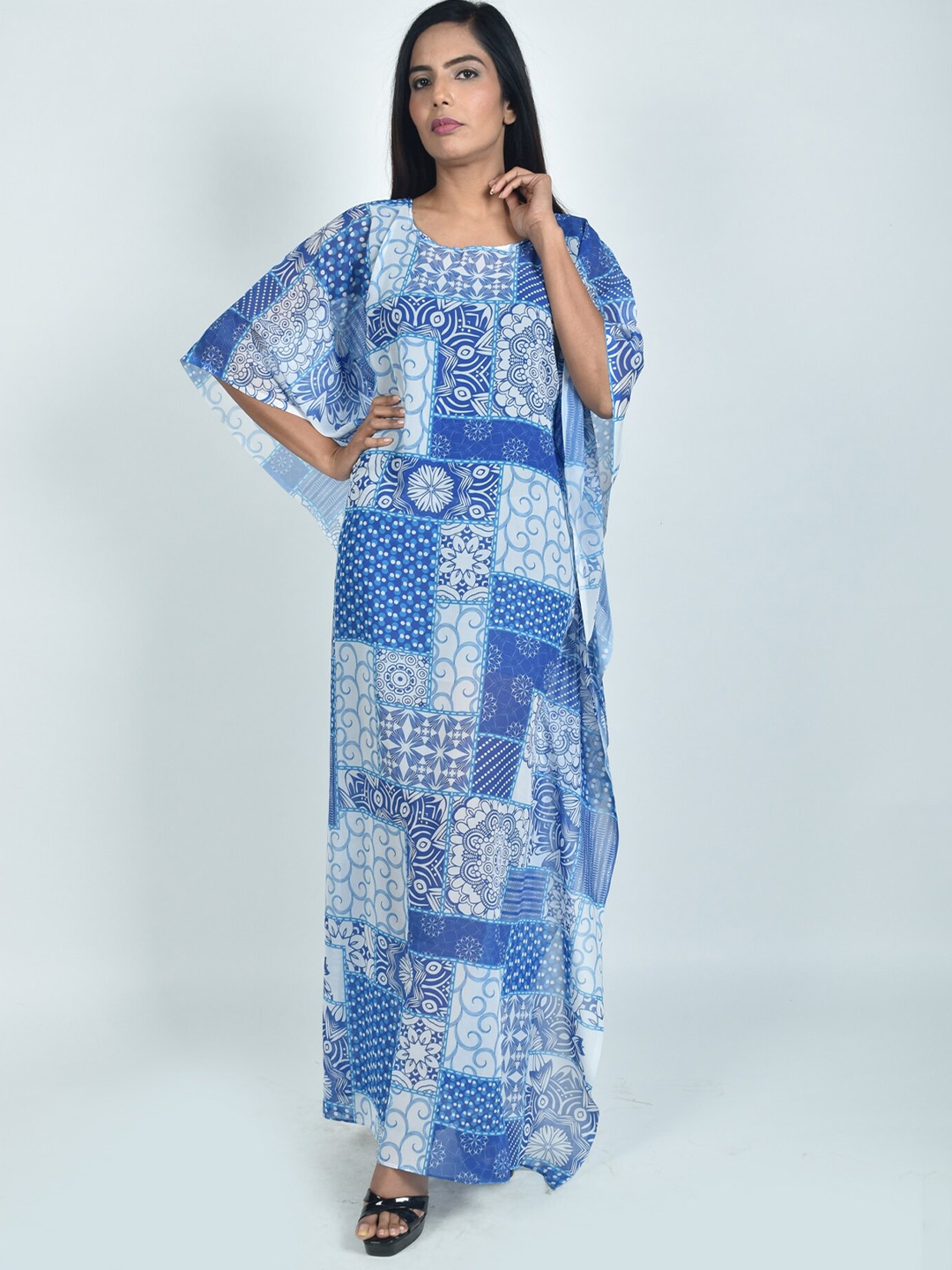 

Rajoria Instyle Printed Georgette Beach Coverup Maxi Kaftan Dress, Blue