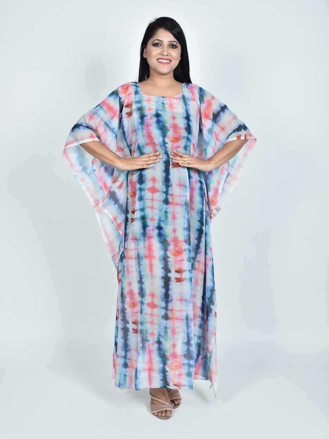 

Rajoria Instyle Tie and Dye Dyed Georgette Round Neck Maxi Kaftan Dress, Off white