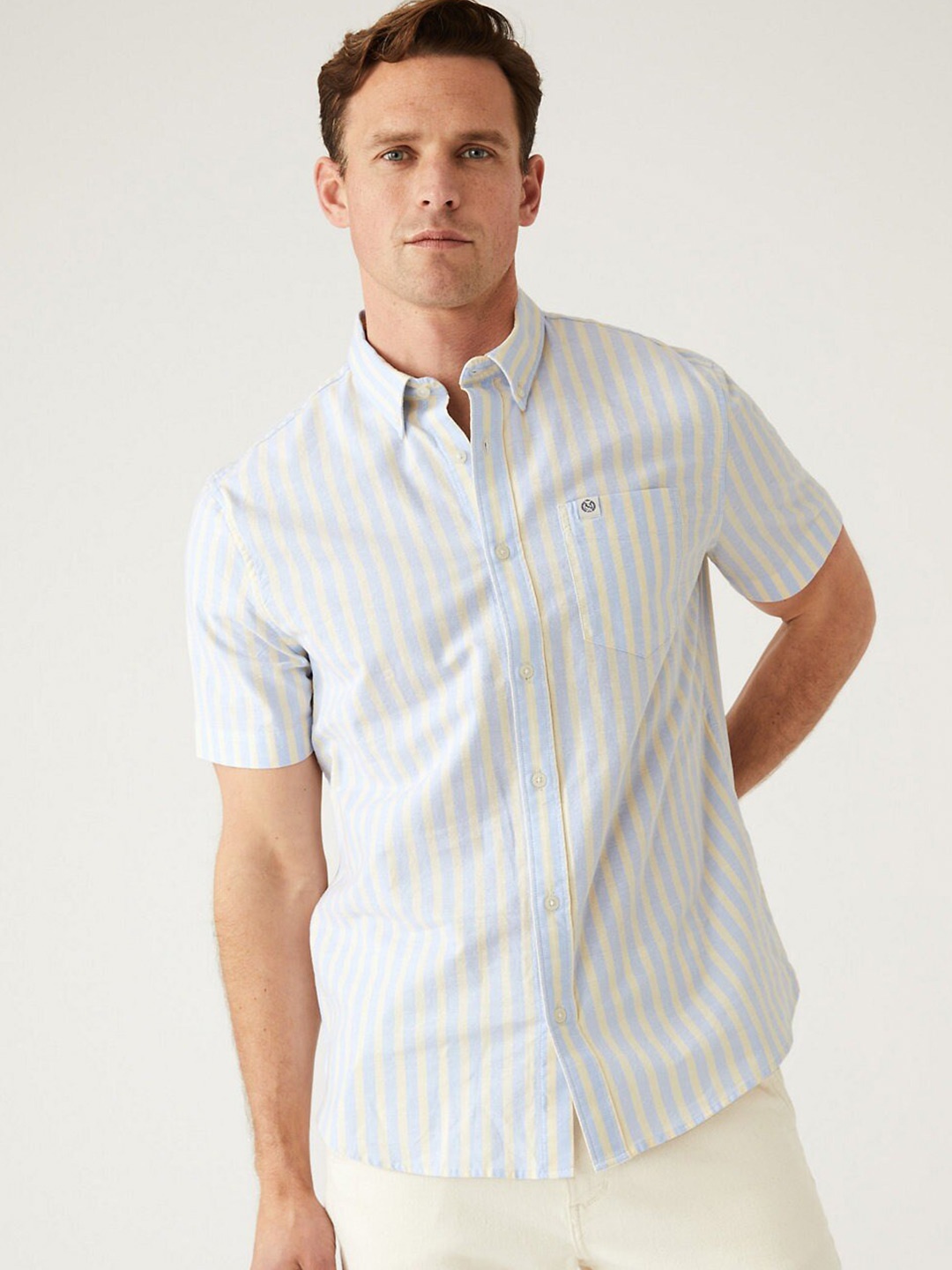 

Marks & Spencer Men Striped Casual Cotton Shirt, Blue