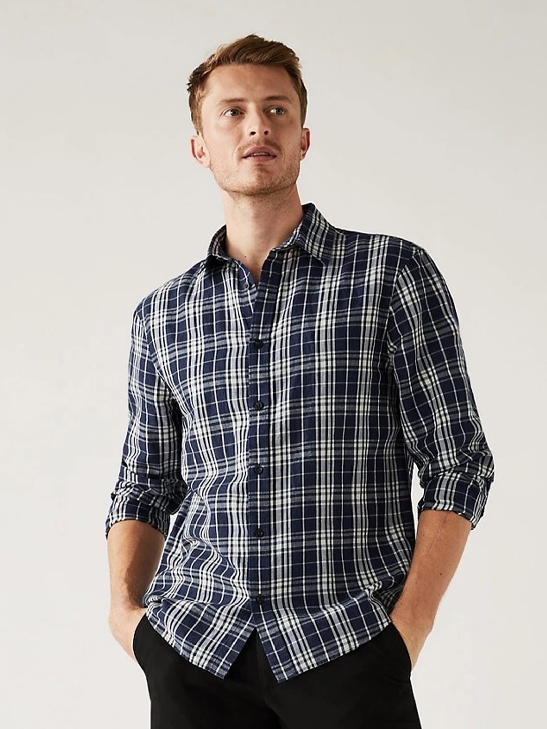 

Marks & Spencer Men Tartan Checked Casual Cotton Shirt, Navy blue