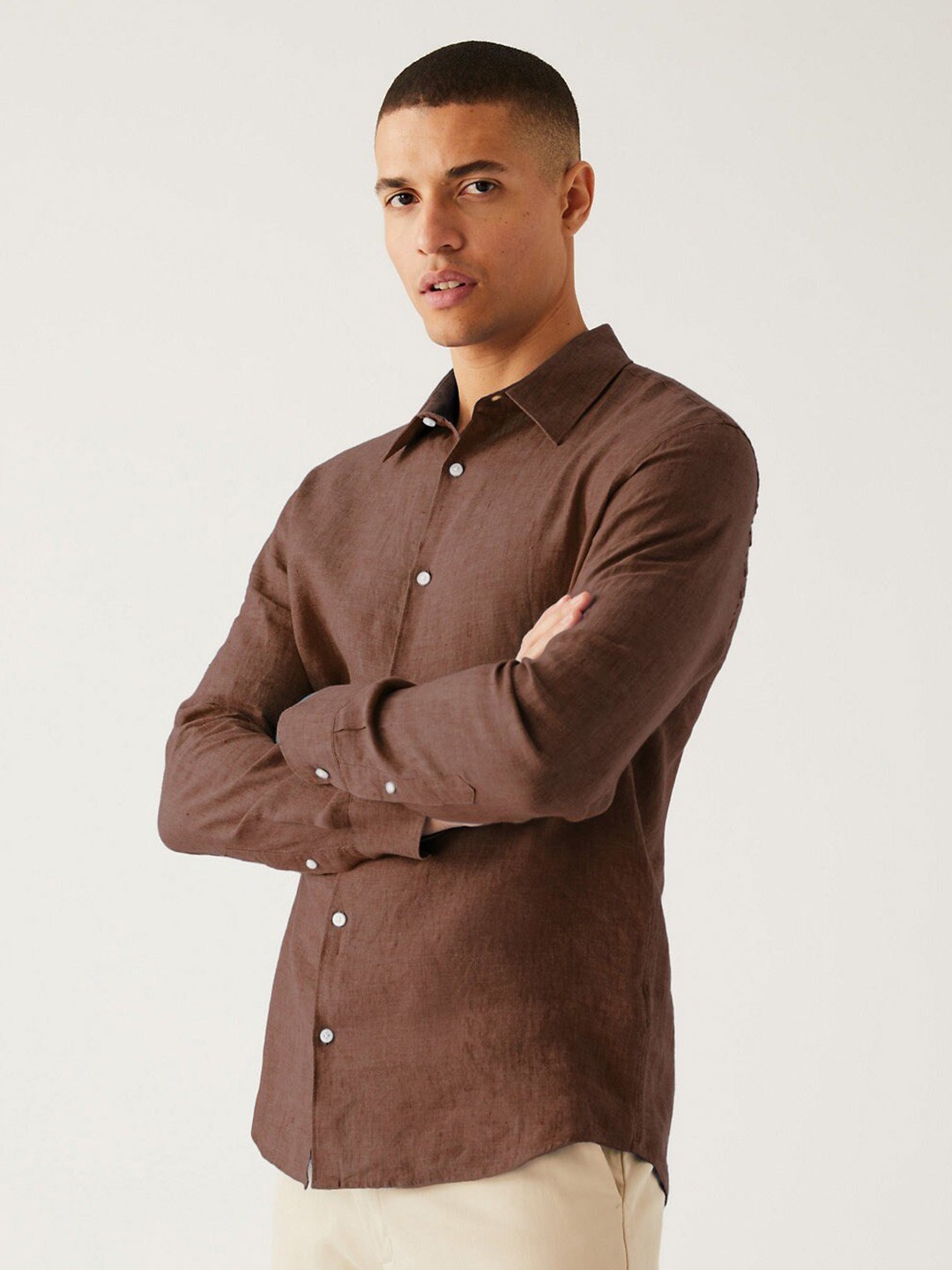 

Marks & Spencer Men Spread Collar Casual Linen Shirt, Brown