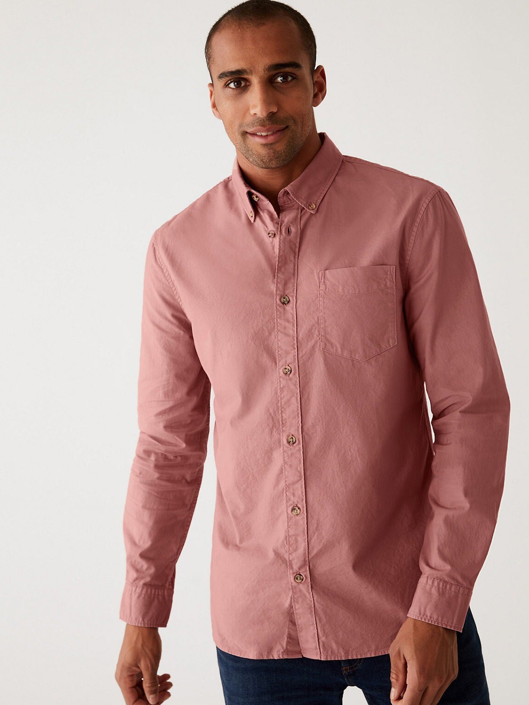 

Marks & Spencer Men Button-Down Collar Casual Cotton Shirt, Pink