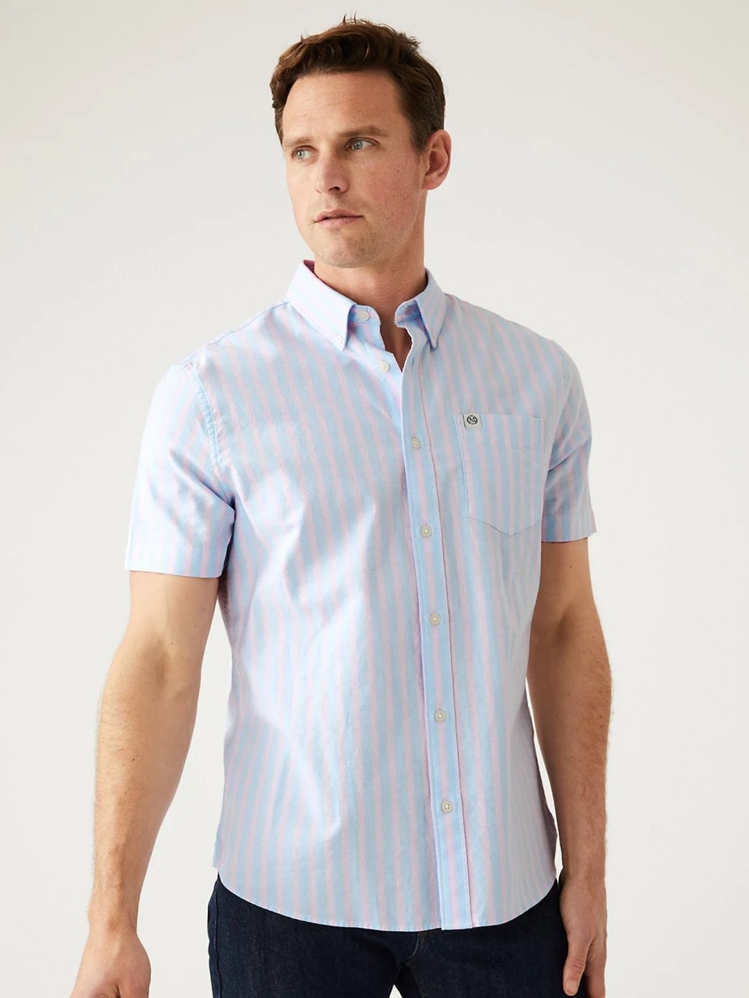 

Marks & Spencer Men Button-Down Collar Striped Casual Cotton Shirt, Multi
