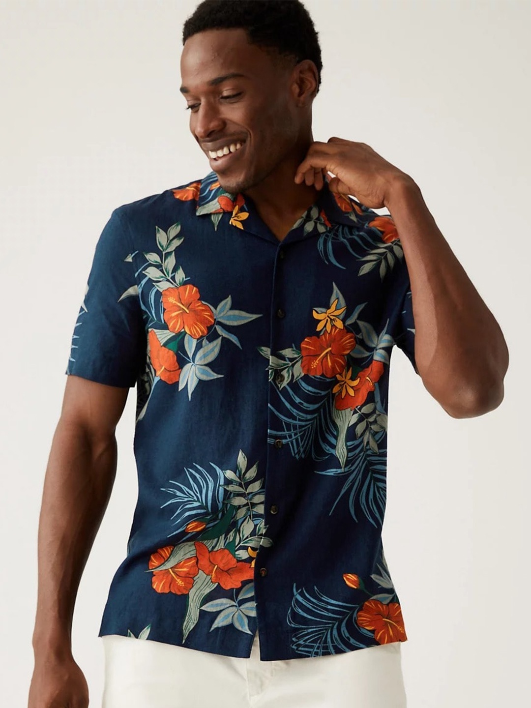 

Marks & Spencer Men Floral Printed Casual Shirt, Navy blue