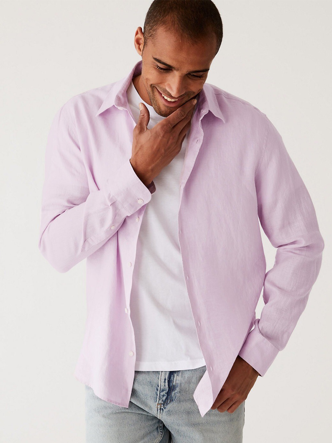 

Marks & Spencer Men Lavender Linen Blend Shirt
