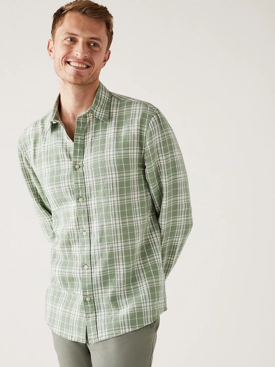

Marks & Spencer Men Tartan Checked Casual Linen Blend Shirt, Green