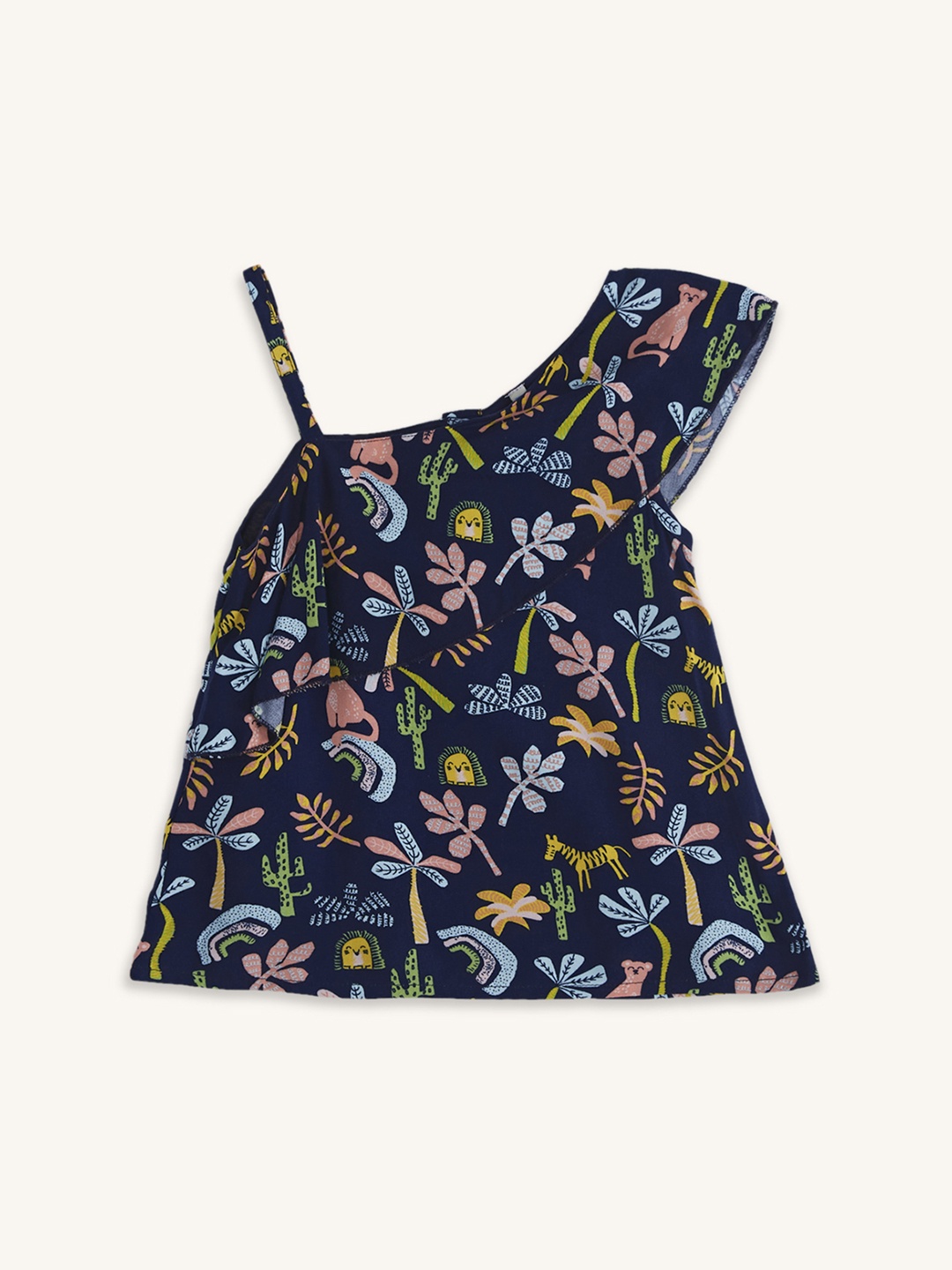 

Pantaloons Baby Girls Floral Print One Shoulder Cotton Top, Navy blue