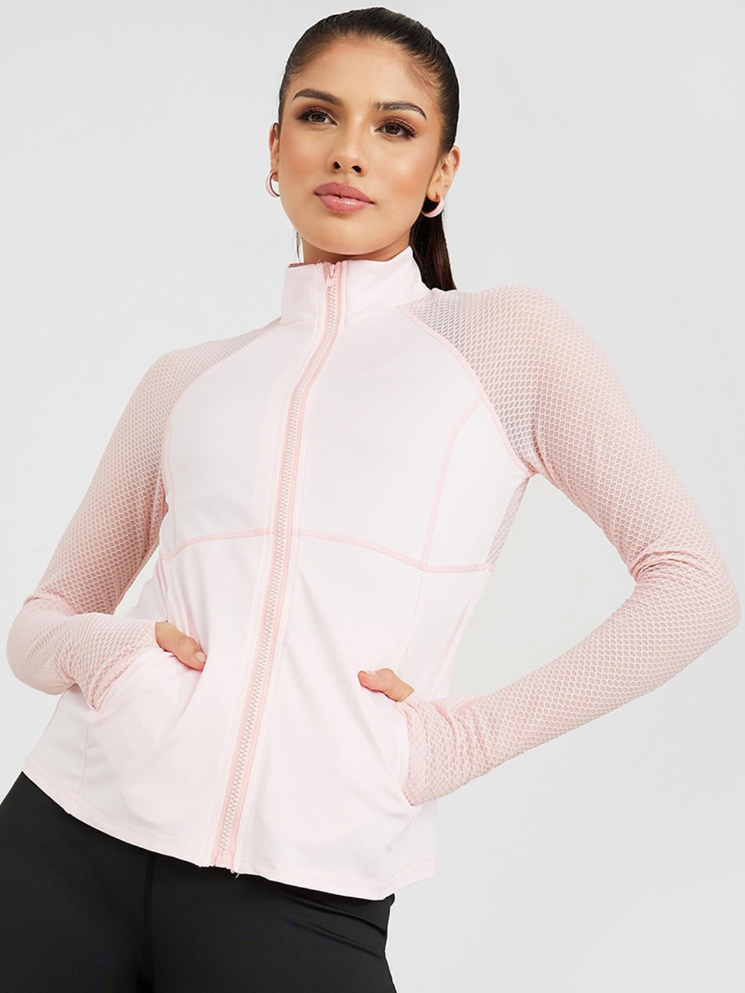 

Styli Women Thumbhole Sleeves Mesh Insert Activewear Jacket, Pink