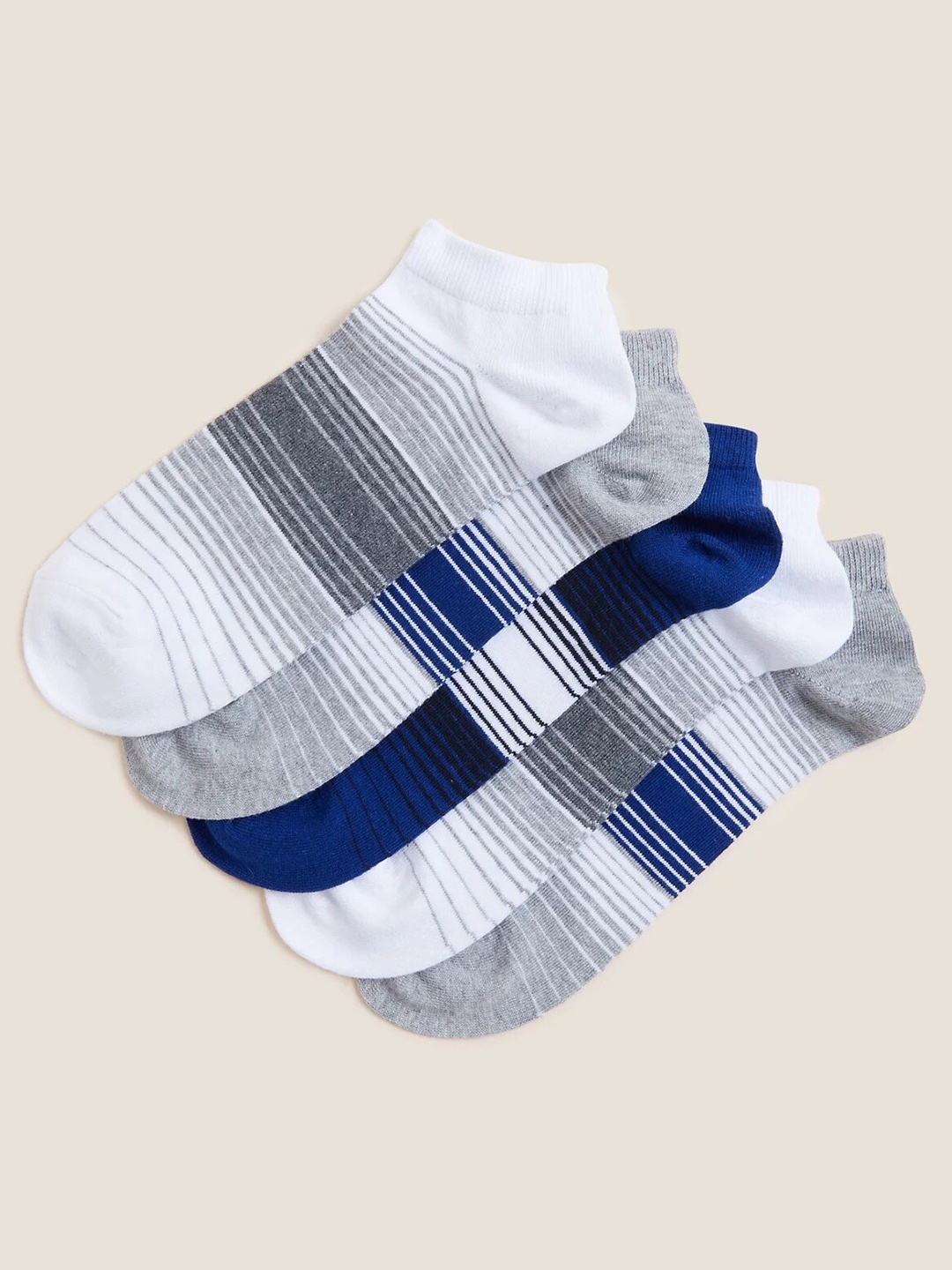 

Marks & Spencer Men Pack Of 5 Striped Cotton Ankle-Length Socks, Grey