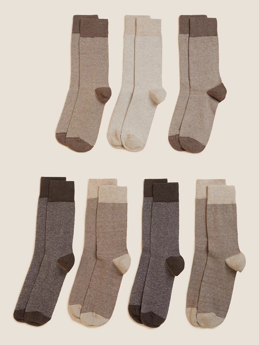 

Marks & Spencer Men Pack Of 7 Colourblocked Cotton Calf-Length Ribbed Socks, Beige