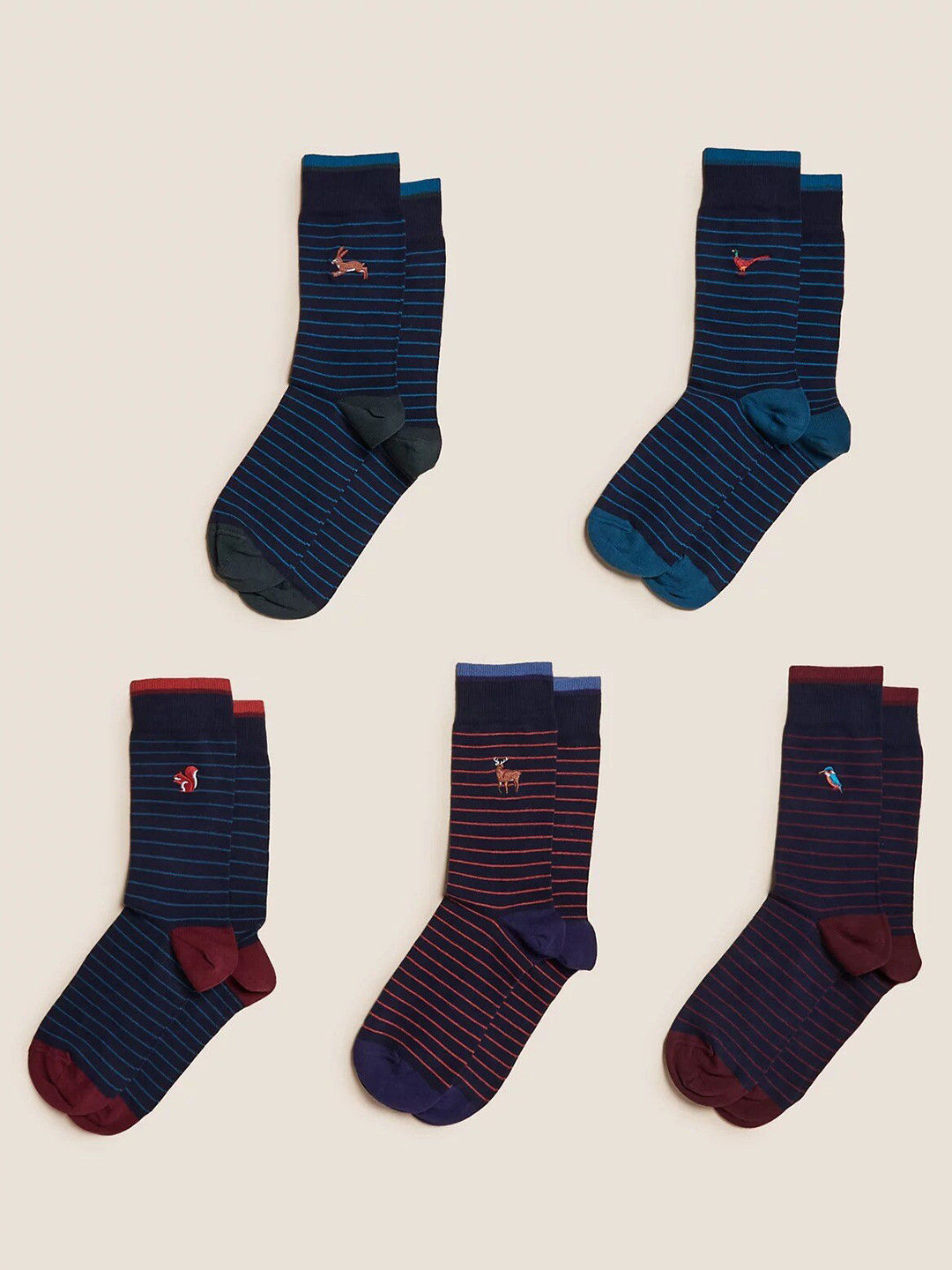 

Marks & Spencer Men Pack Of 5 Striped Cotton Calf-Length Socks, Navy blue