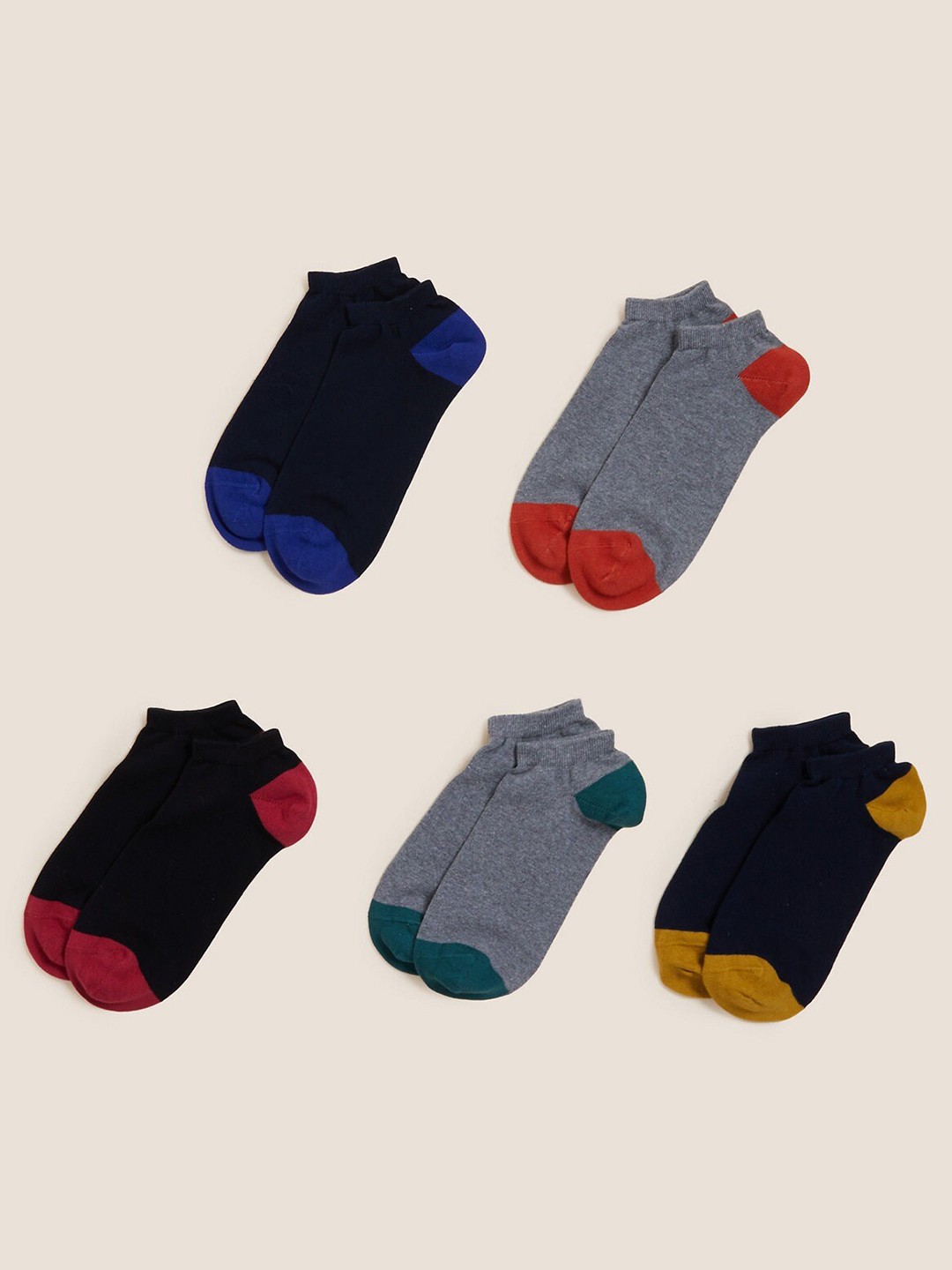 

Marks & Spencer Men Pack Of 5 Colourblocked Cotton Ankle Length Socks, Navy blue