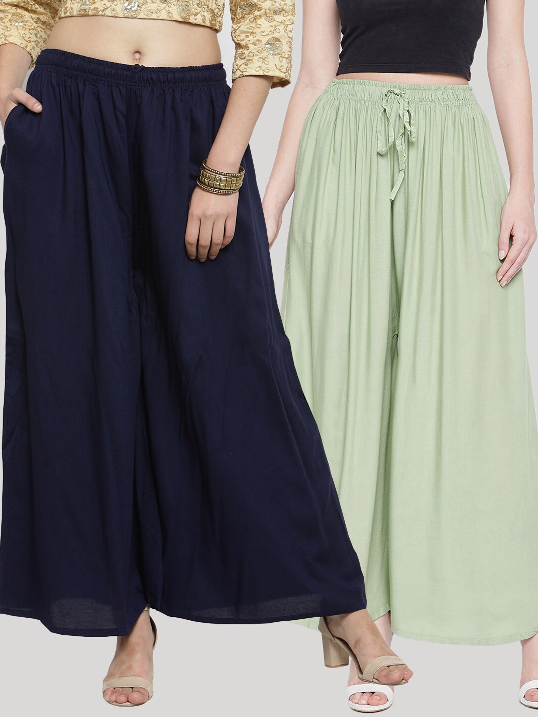 

Clora Creation Women Pack of 2 Flared Palazzos, Lime green