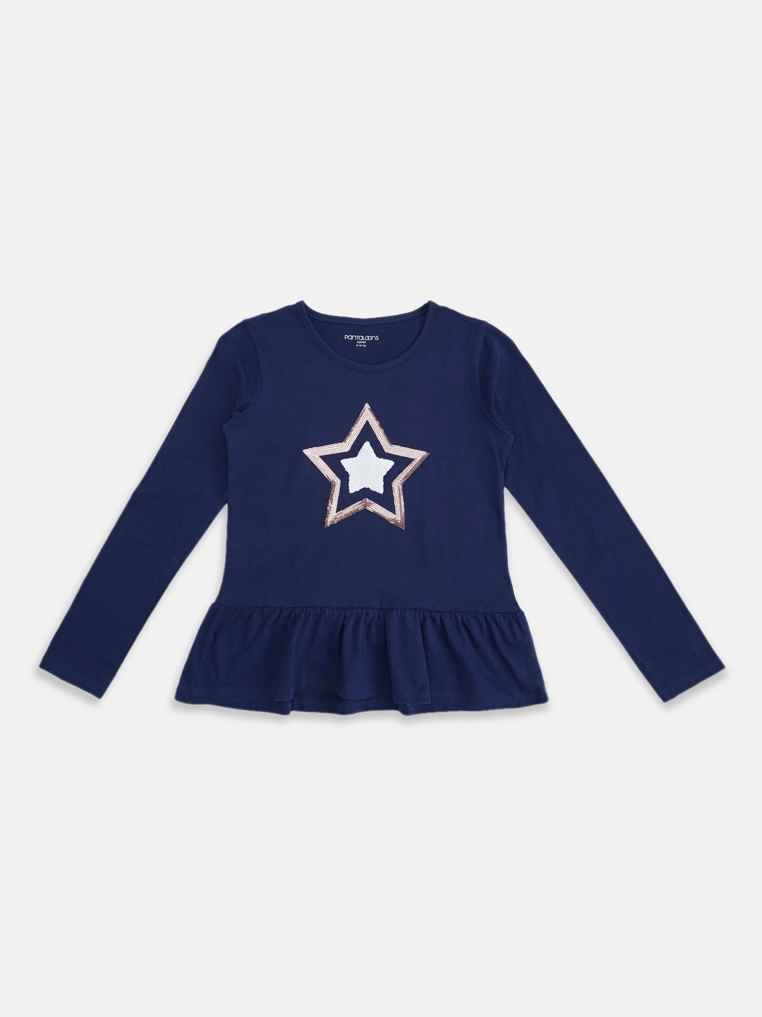 

Pantaloons Junior Embroidered Sequined Ruffles Cotton Peplum Top, Navy blue