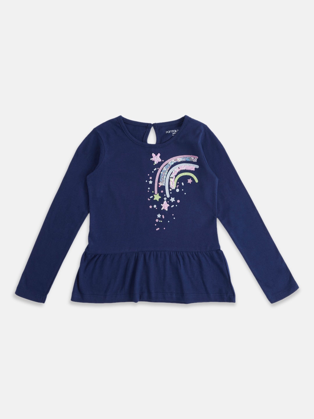 

Pantaloons Junior Girls Printed Peplum Cotton Top, Navy blue