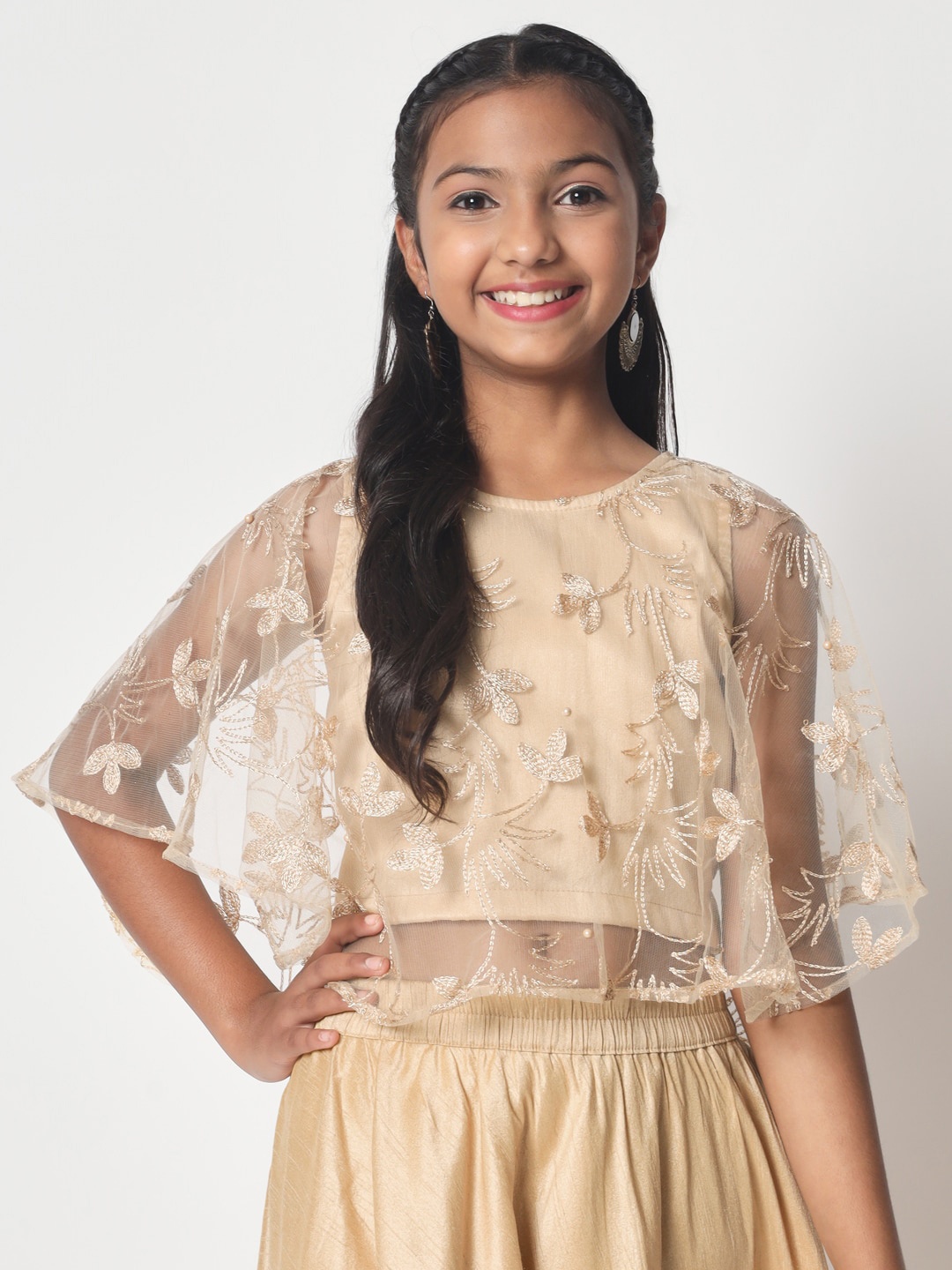 

studio rasa Floral Embroidered Sheer Crop Top, Beige