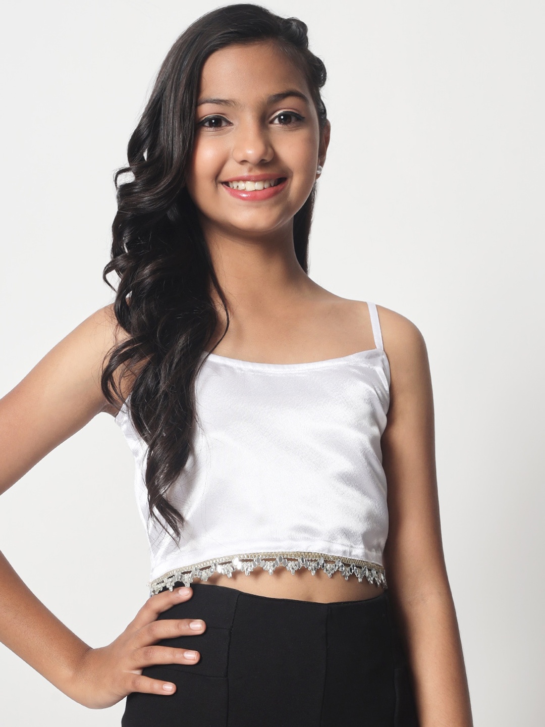 

studio rasa Shoulder Straps Sheen Satin Crop Top, White