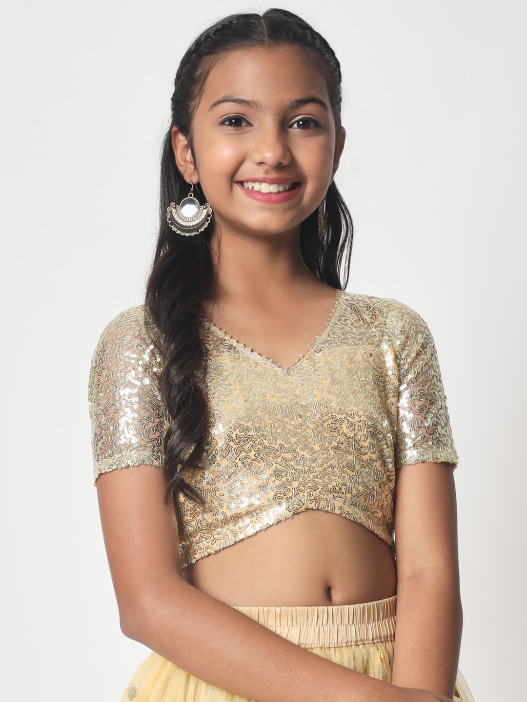 

studio rasa Embellished Sheer Net Crop Top, Gold