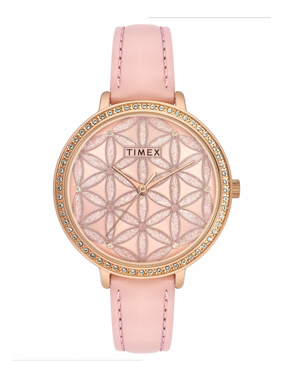 

Timex Women Brass Embellished Dial & Leather Straps Analogue Watch TWEL14707, Pink