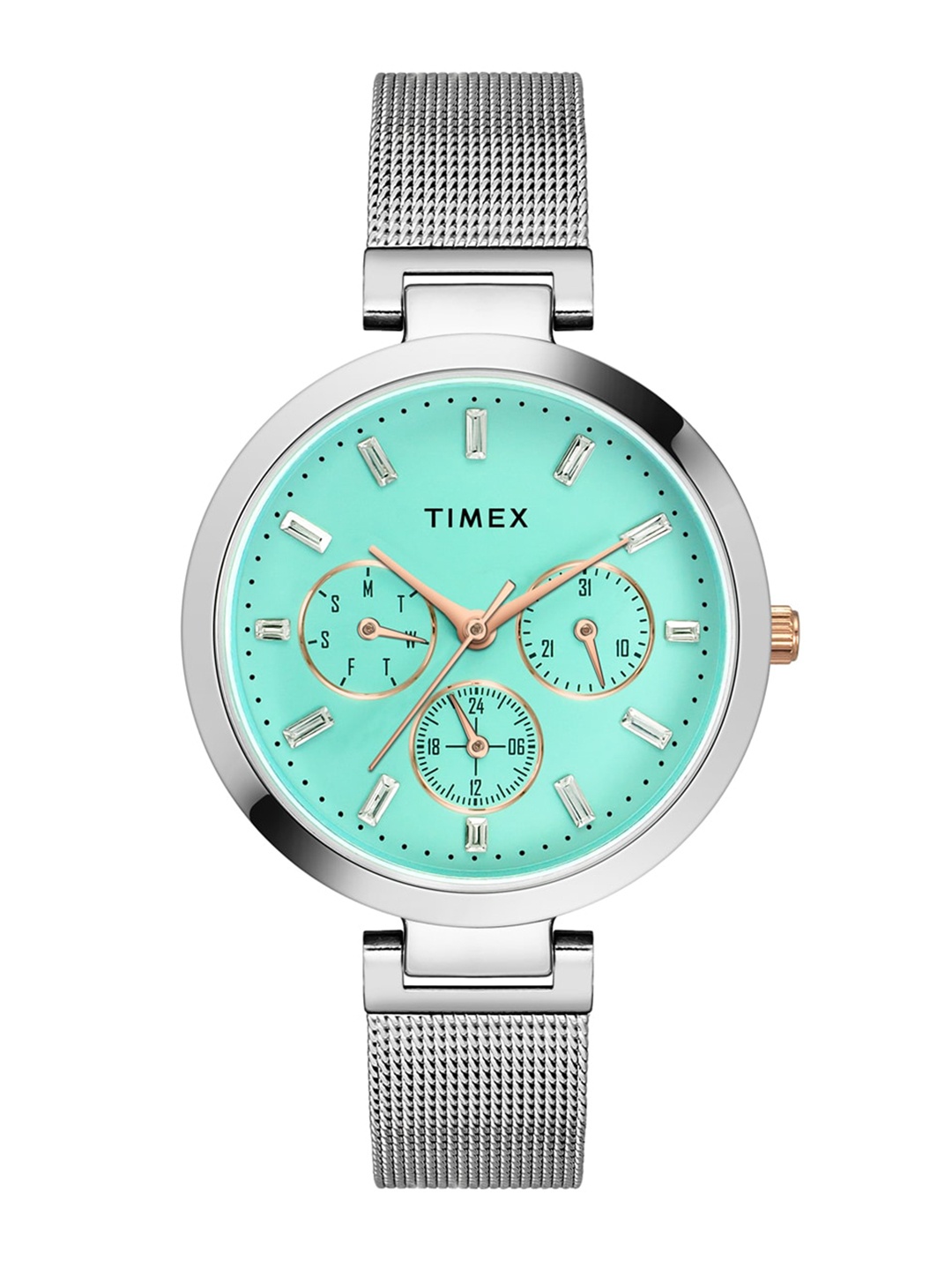 

Timex Women Brass Dial & Stainless Steel Bracelet Style Straps Analogue Watch TW000X241, Turquoise blue