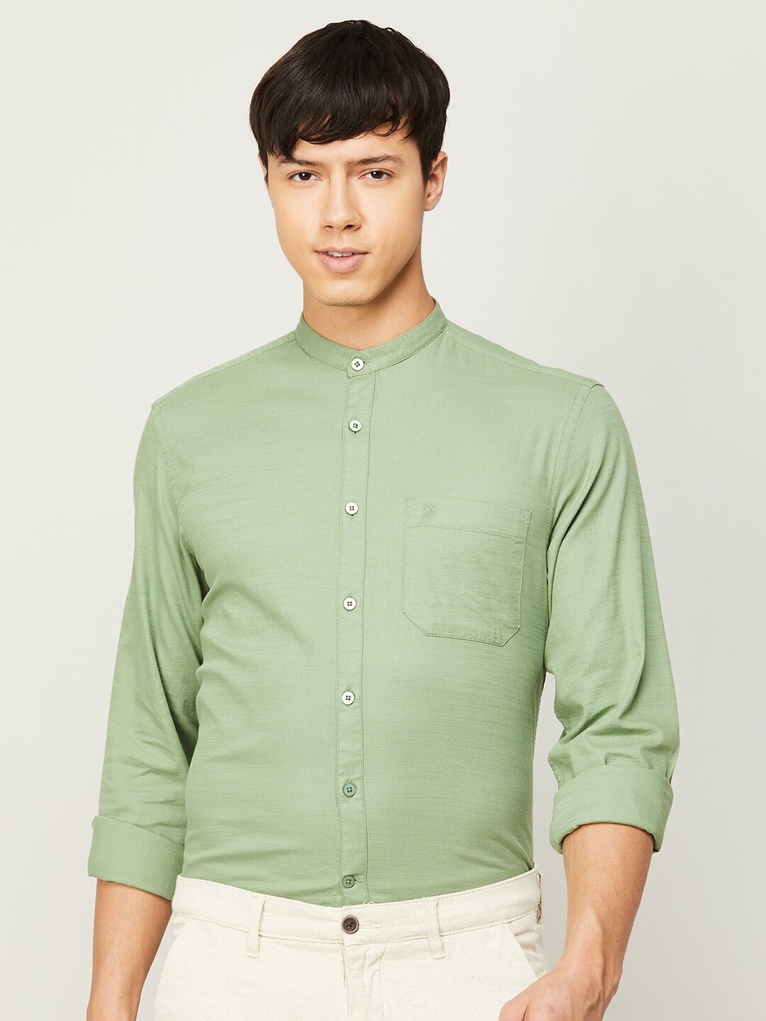 

CODE by Lifestyle Men Band Collar Casual Cotton Shirt, Green