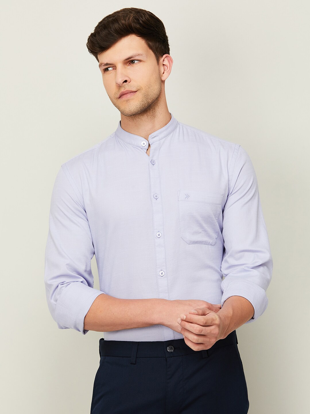 

CODE by Lifestyle Men Band Neck Casual Cotton Shirt, Lavender