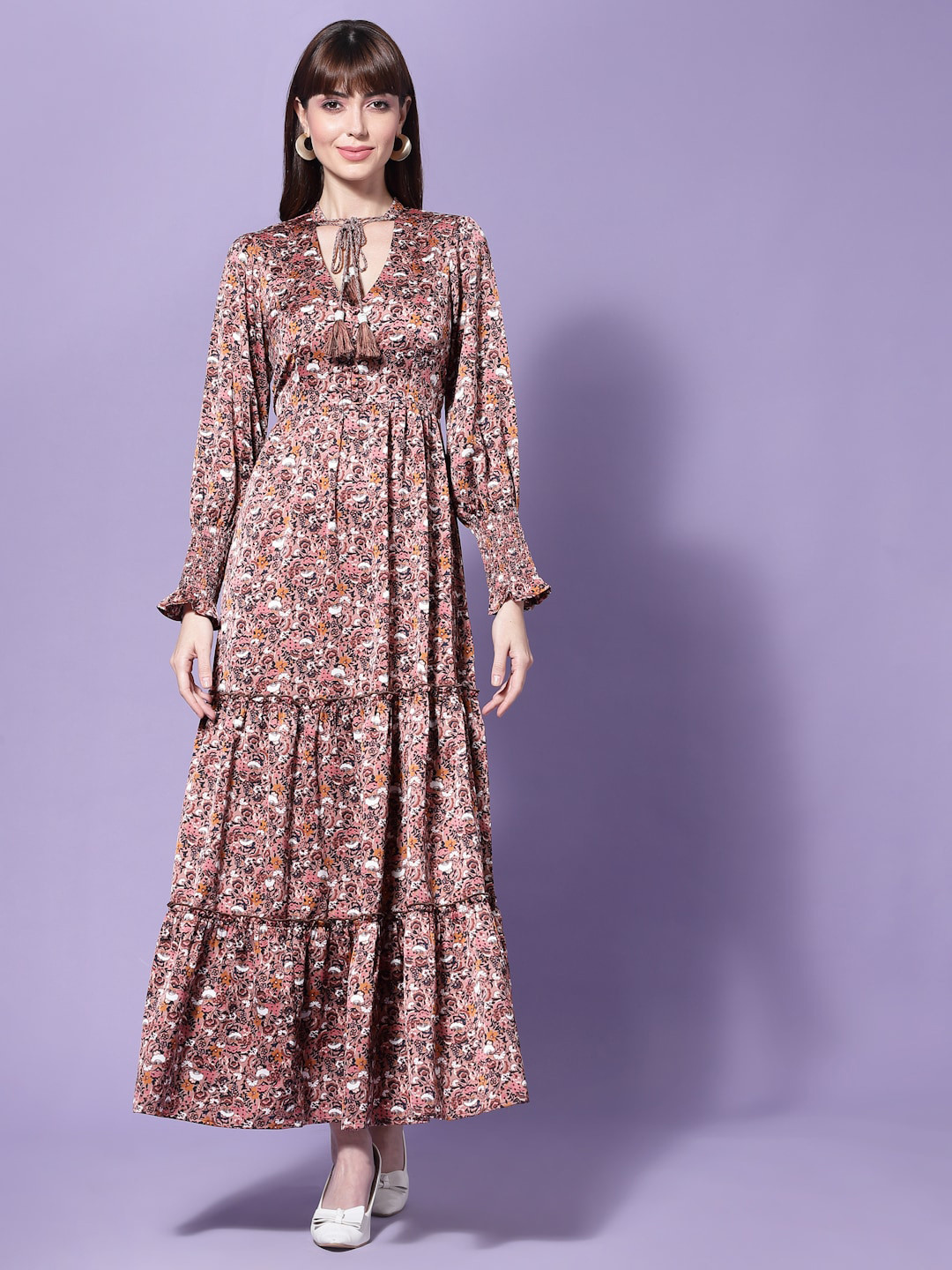

FLAWLESS Floral Tie-Up Neck Maxi Cotton Dress, Brown