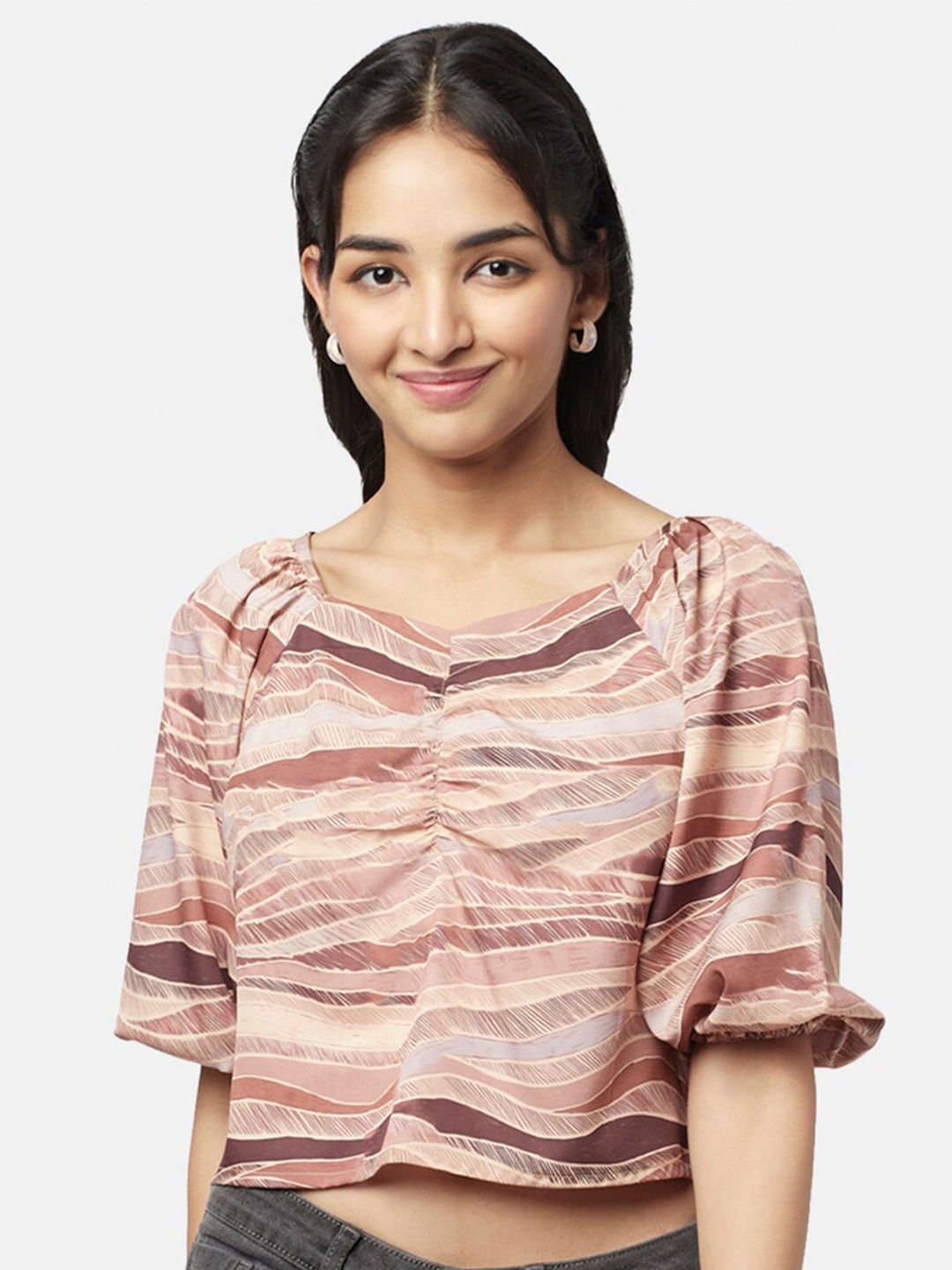 

YU by Pantaloons Abstract Printed Puff Sleeves Ruched Top, Beige