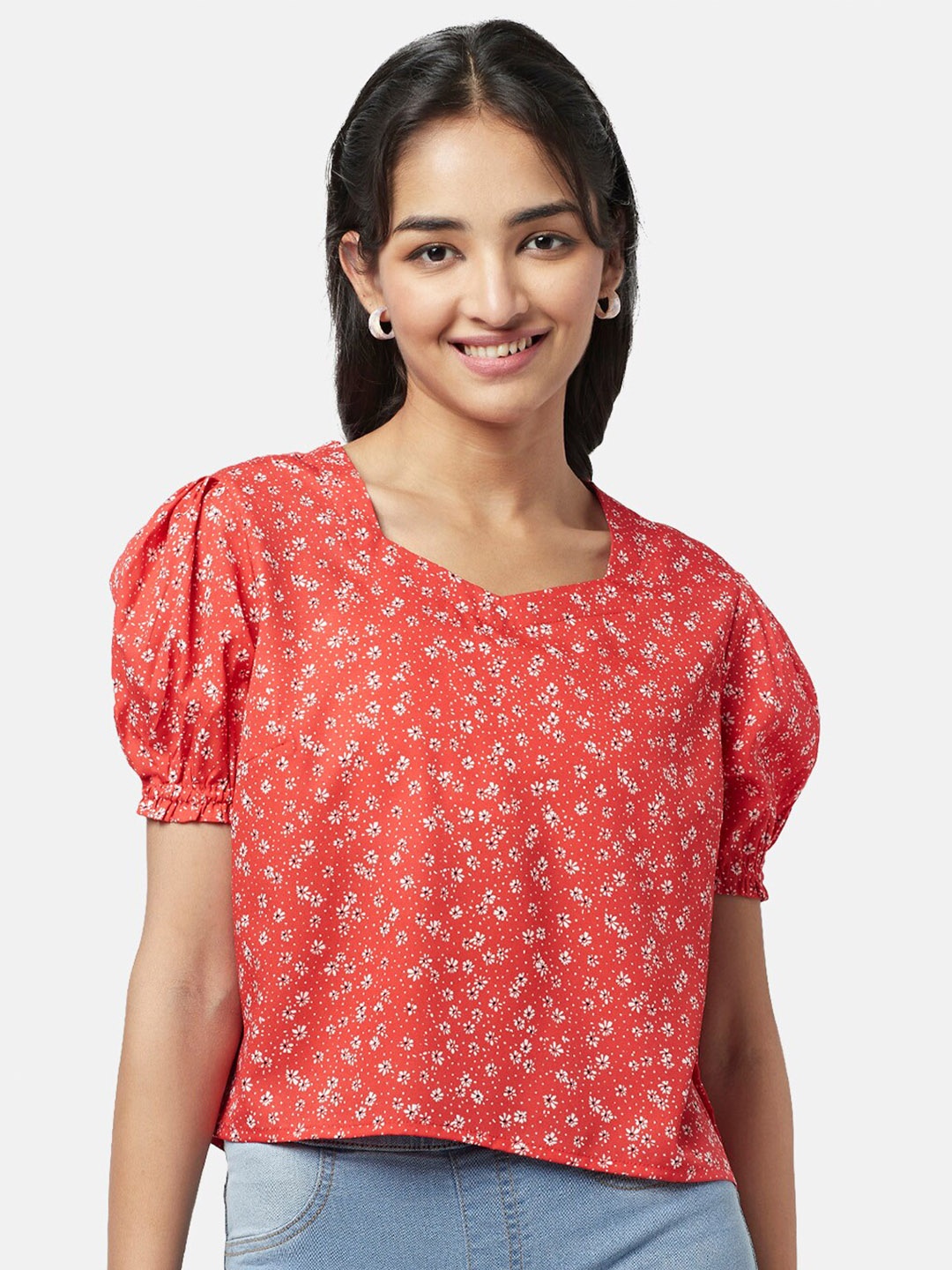 

YU by Pantaloons Floral Print Puff Sleeves Top, Red