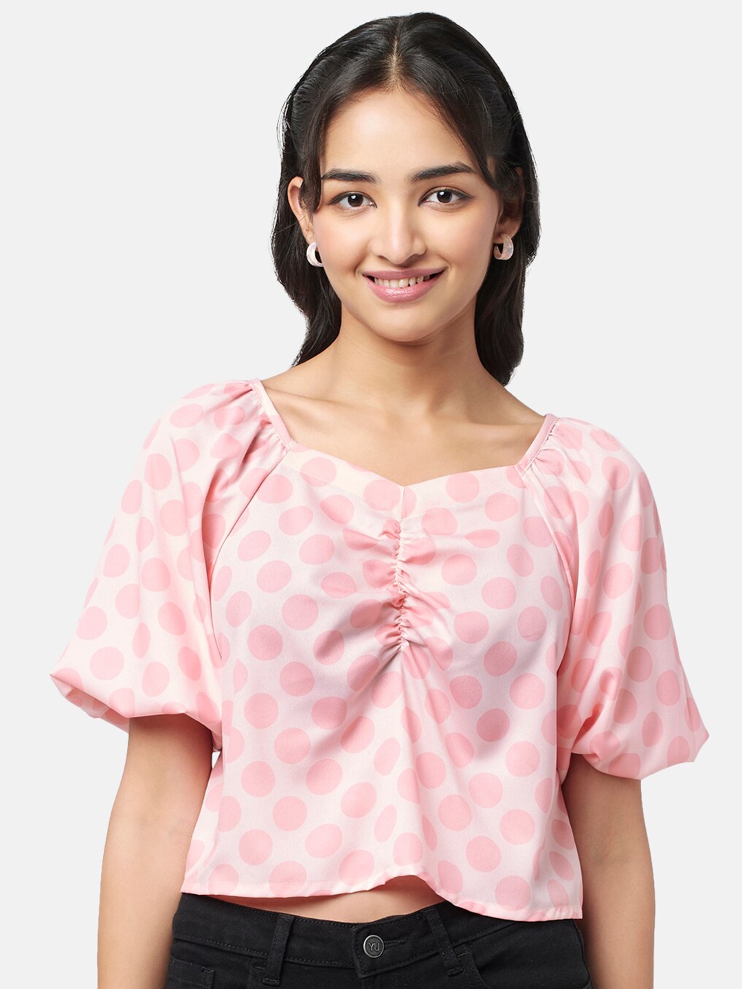 

YU by Pantaloons Polka Dots Printed Puff Sleeves Ruched Top, Pink