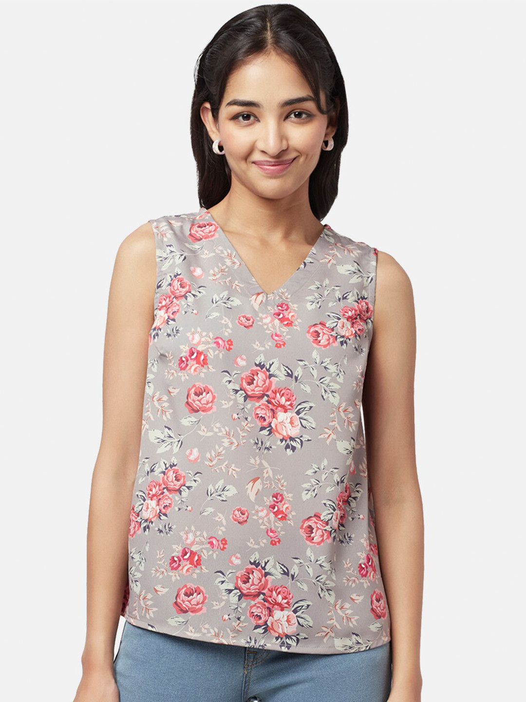 

YU by Pantaloons Floral Printed V-Neck Top, Grey