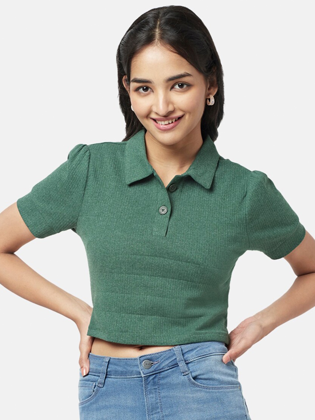 

YU by Pantaloons Puff Sleeves Shirt Collar Crop Top, Green