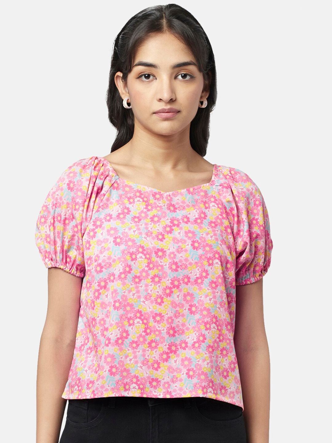 

YU by Pantaloons Floral Print Square Neck Top, Pink