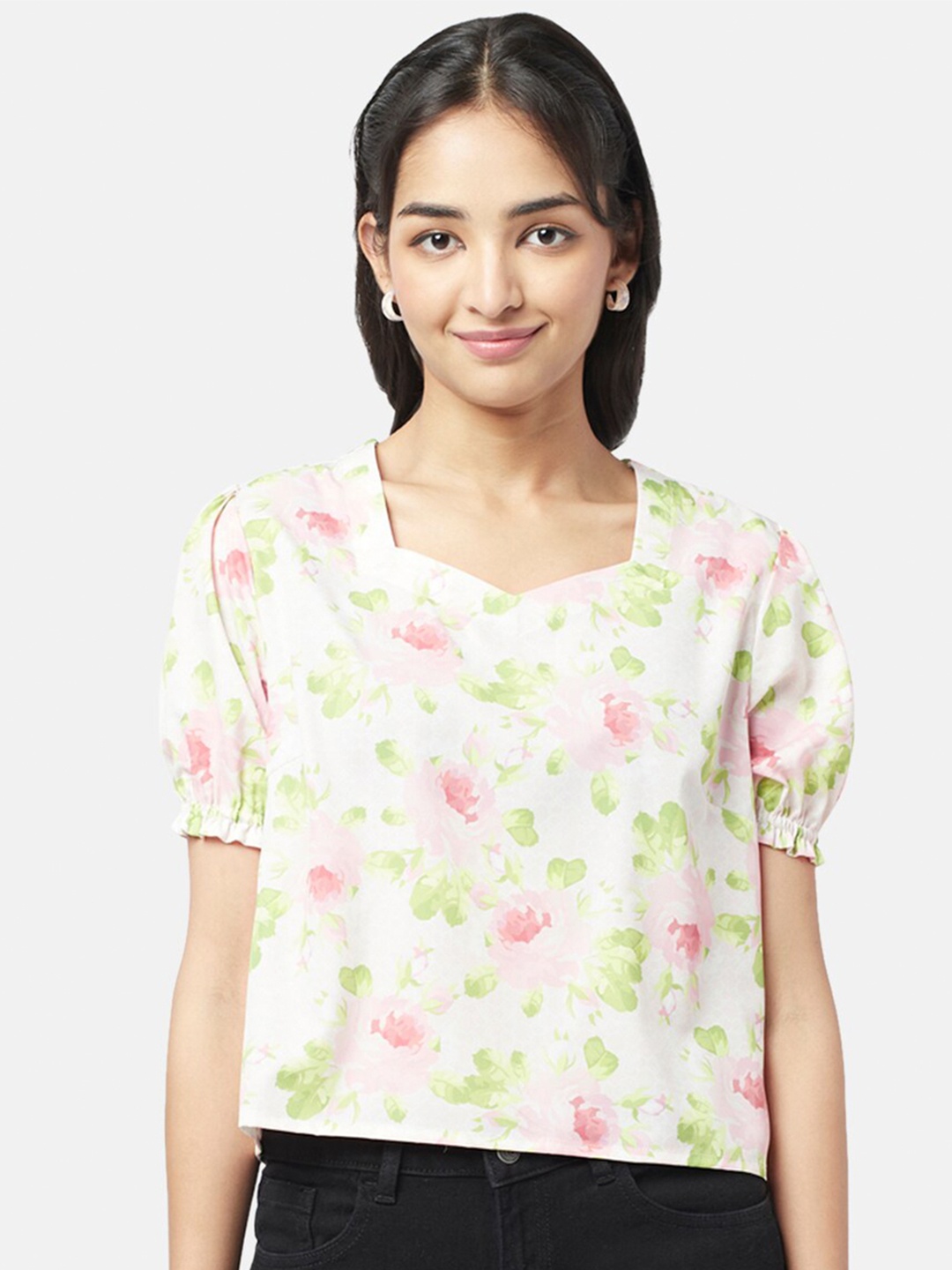 

YU by Pantaloons Floral Print Square Neck Top, Off white